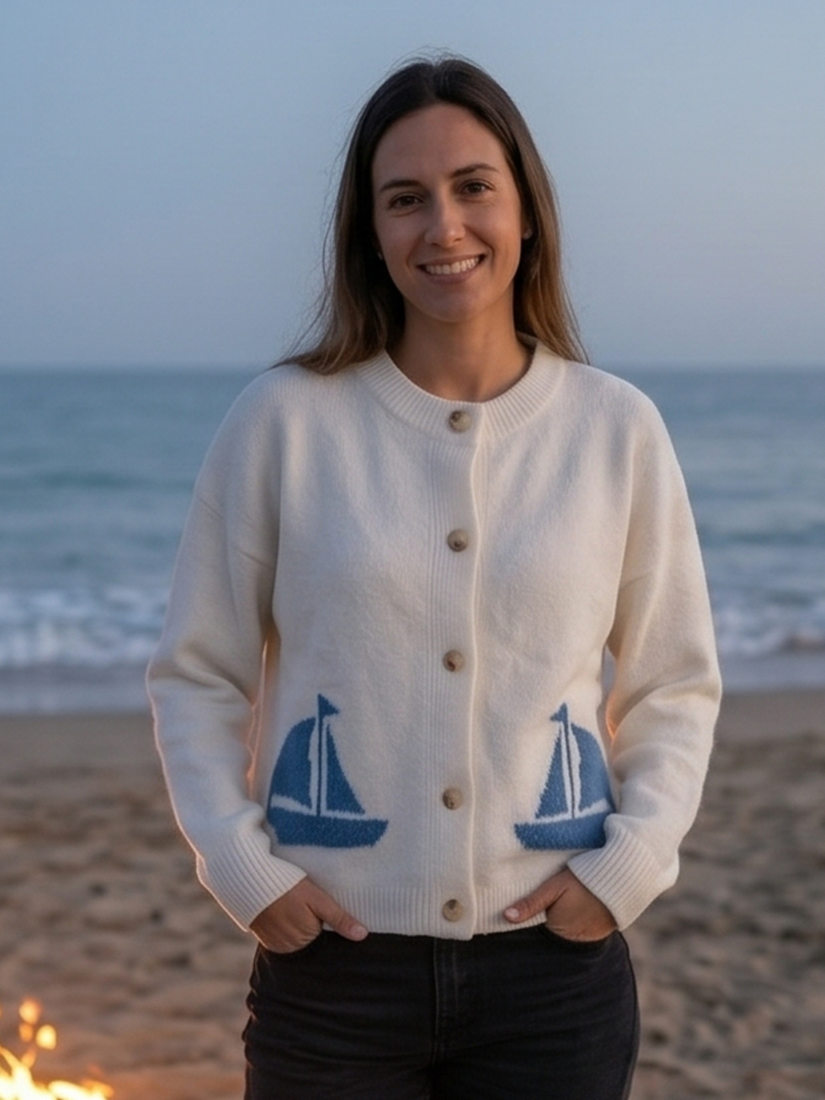 Nautical Sailboat Graphic Knit Button Cardigan - by Urban Daizy®