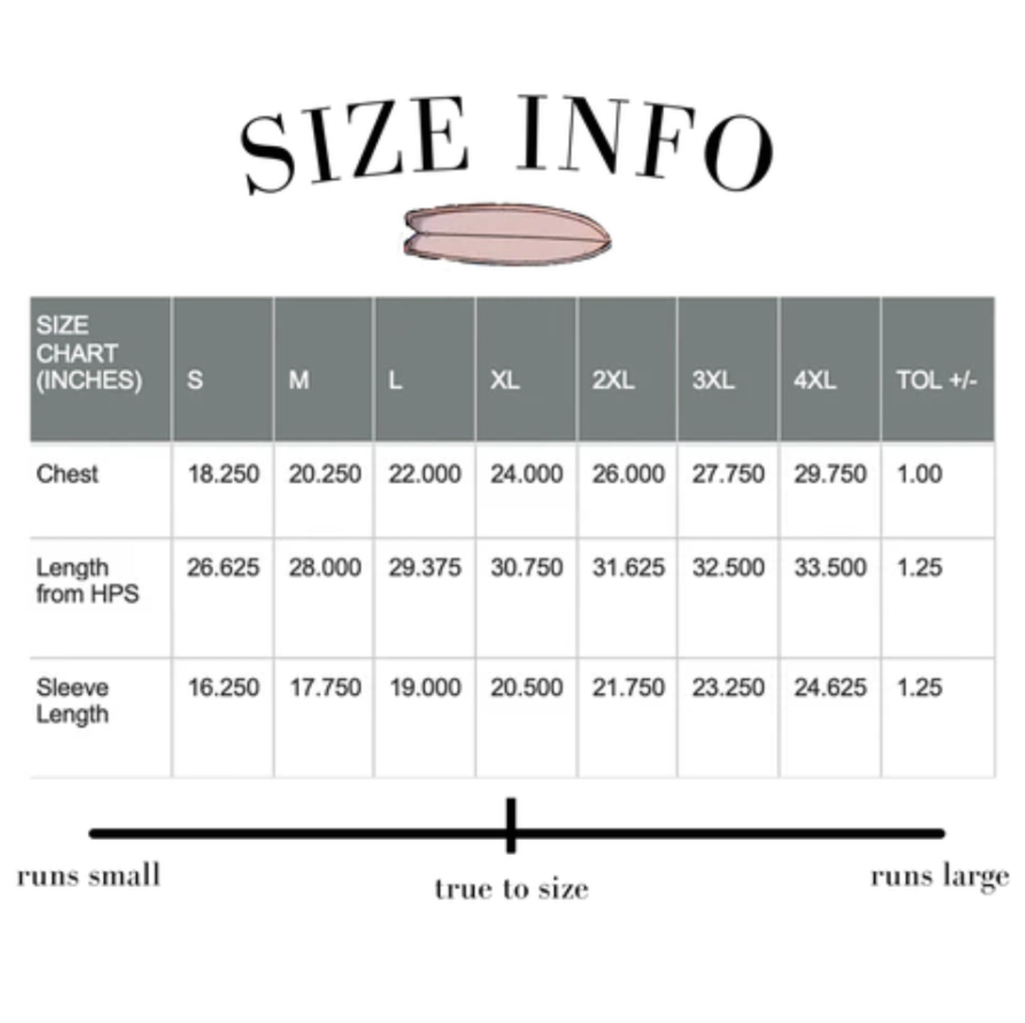 Sizes chart for reference