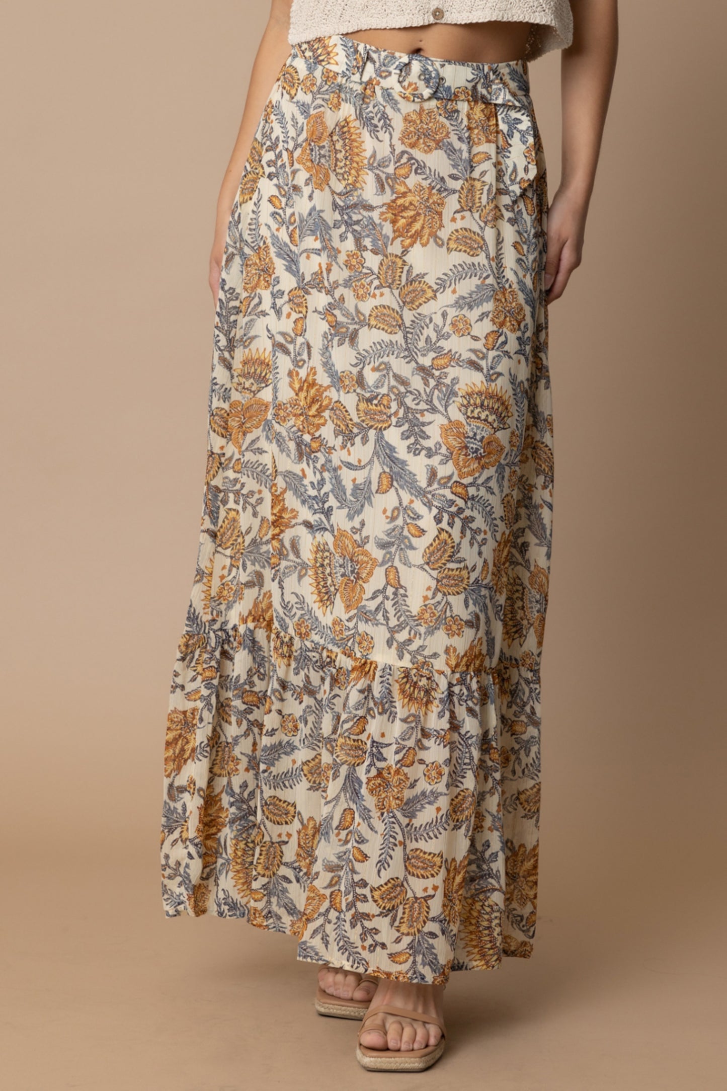 Paisley Print Maxi Skirt with O-Ring Belt - by En Creme®