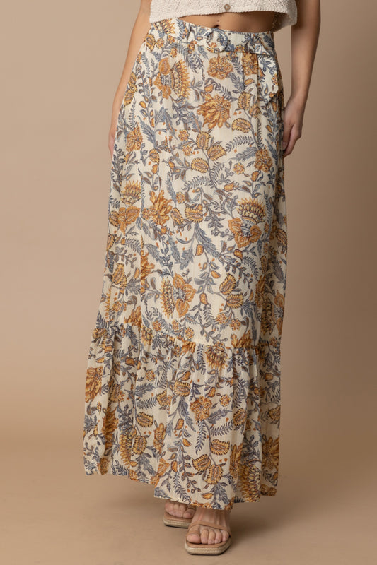 Paisley Print Maxi Skirt with O-Ring Belt - by En Creme®