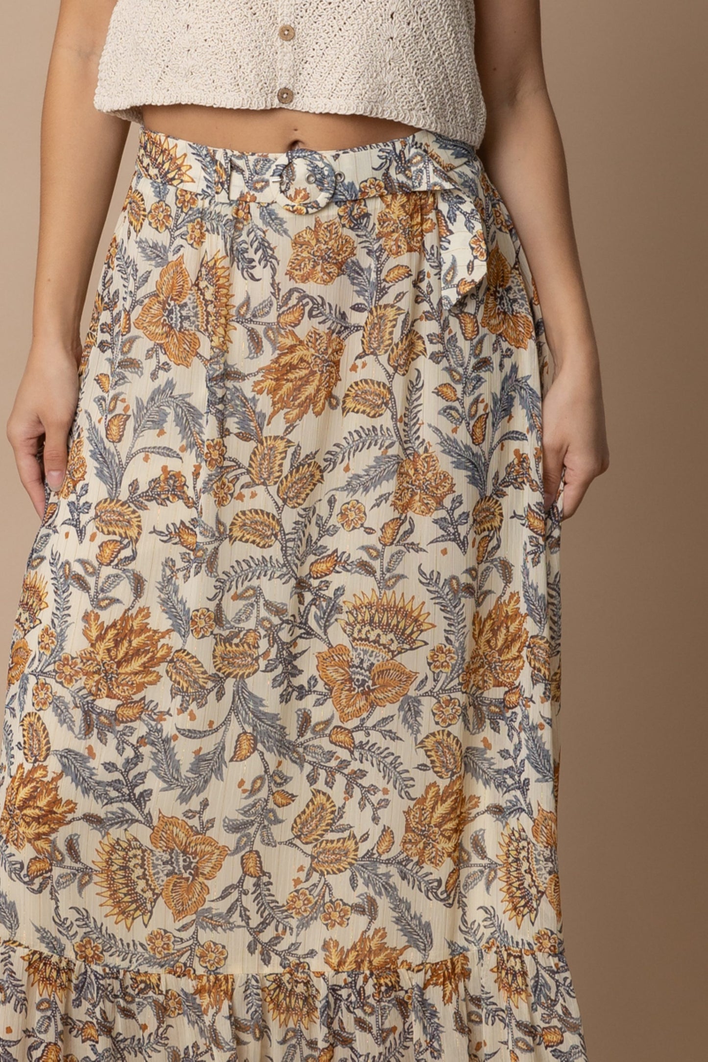 Paisley Print Maxi Skirt with O-Ring Belt - by En Creme®