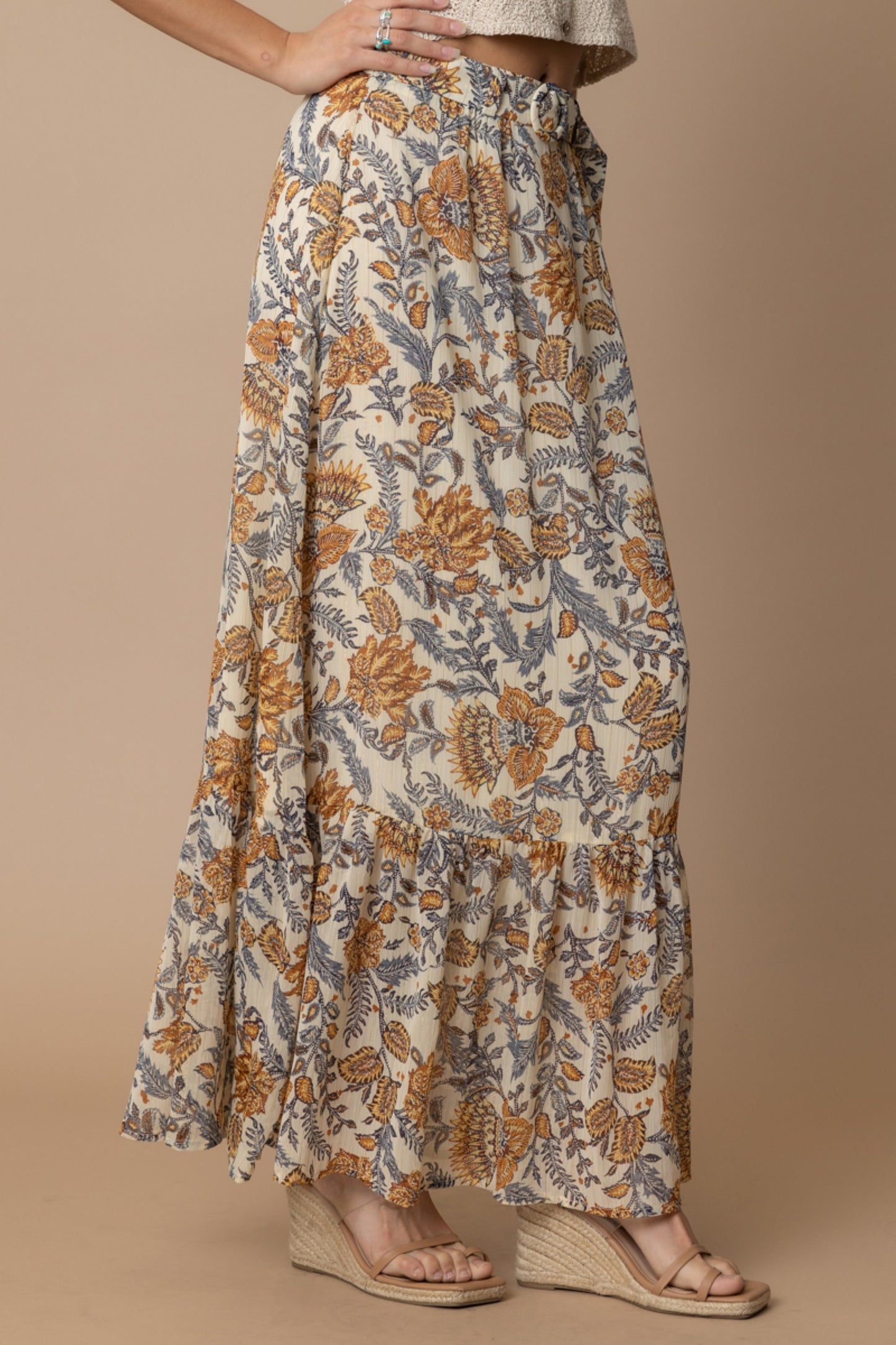 Paisley Print Maxi Skirt with O-Ring Belt - by En Creme®
