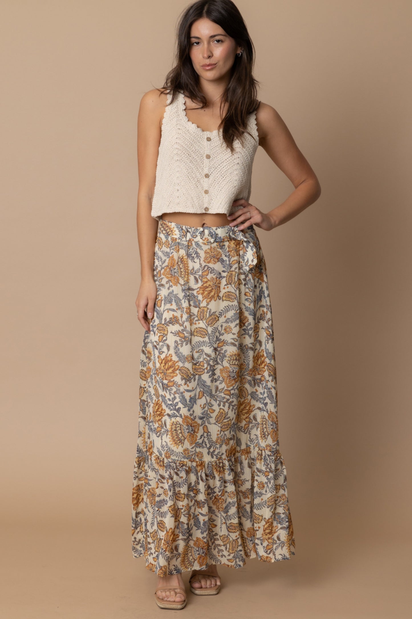 Paisley Print Maxi Skirt with O-Ring Belt - by En Creme®