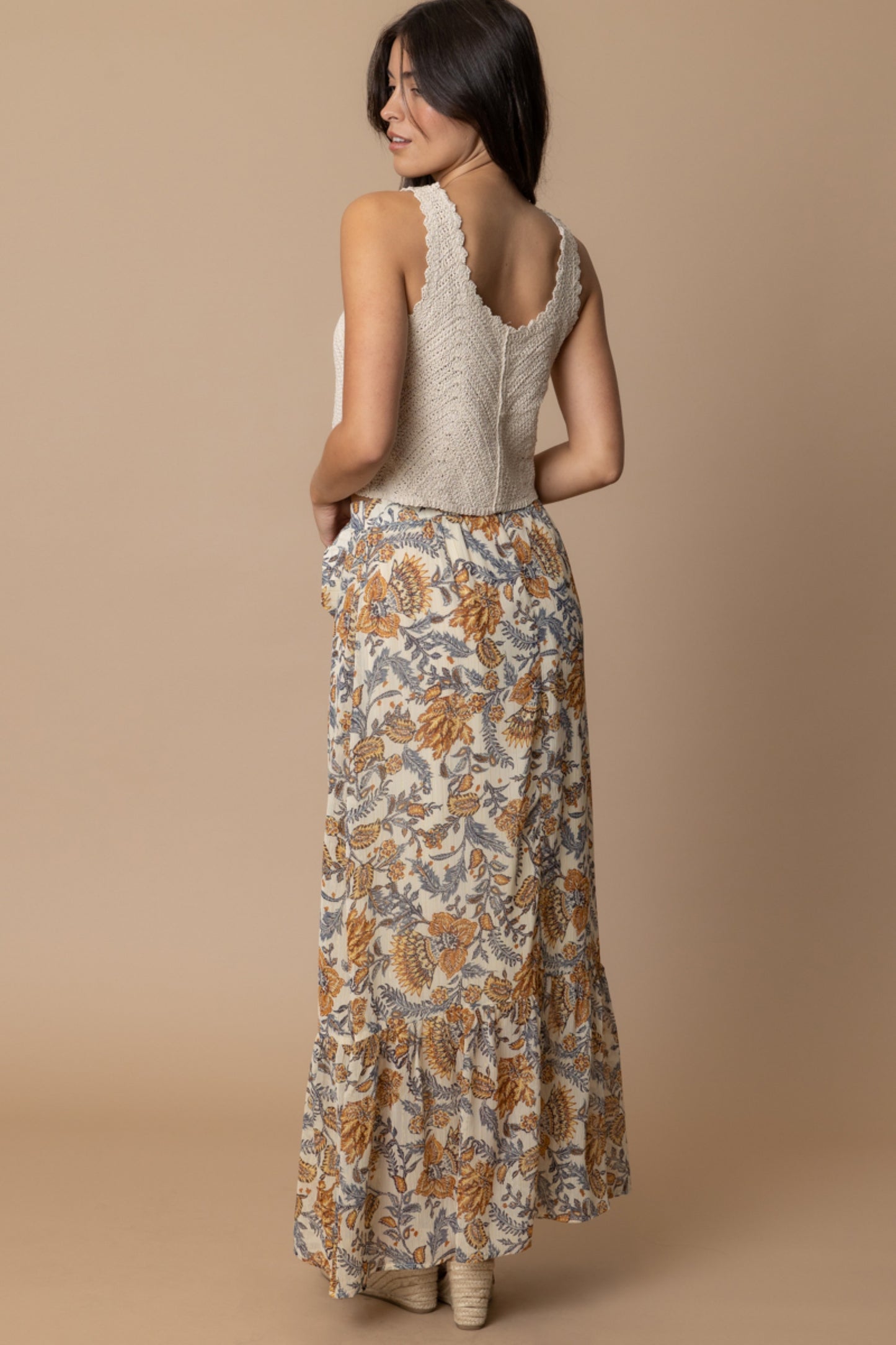 Paisley Print Maxi Skirt with O-Ring Belt - by En Creme®