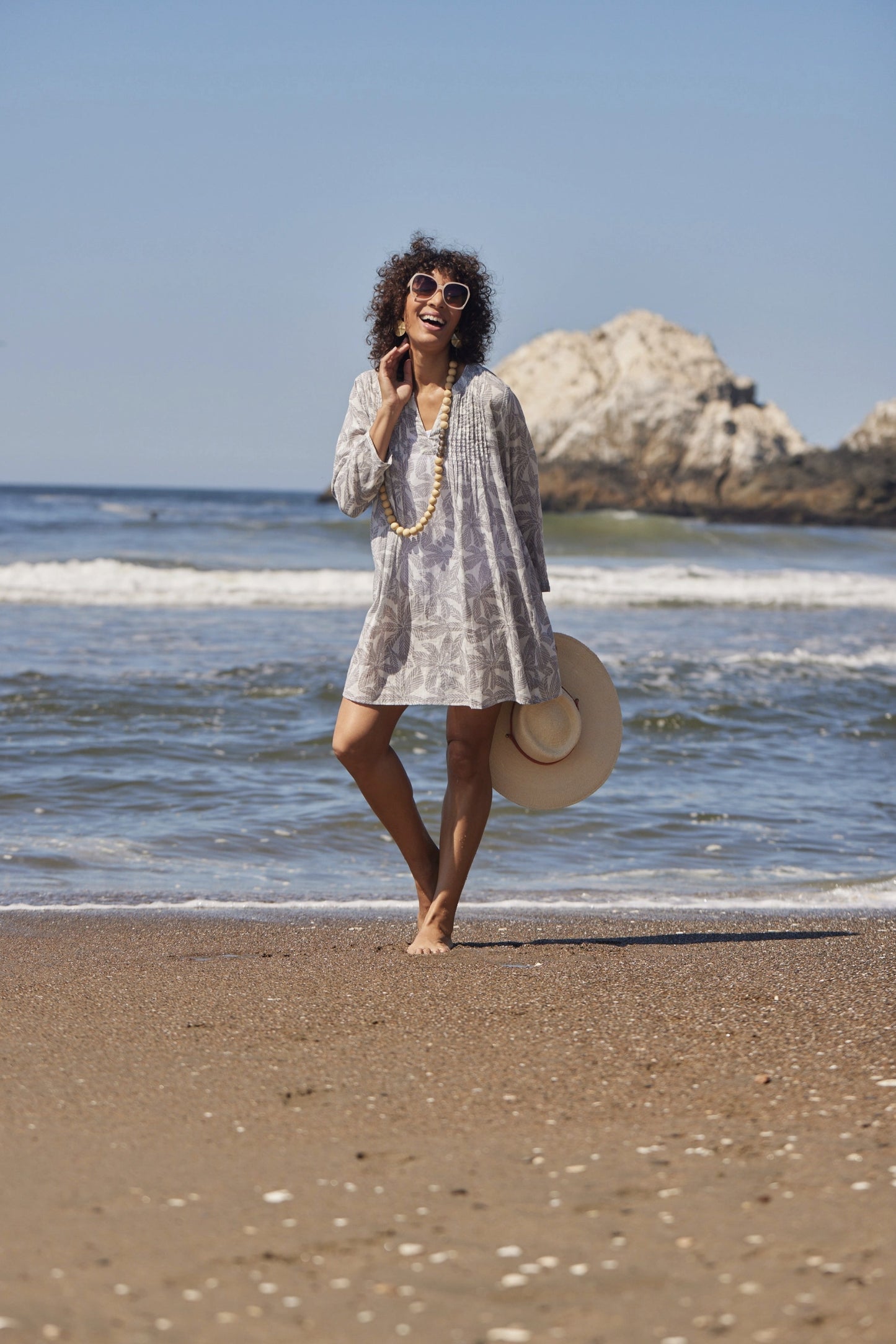 Palm Leaves Grey Pintuck Beach Cover Up - By RockFlowerPaper®