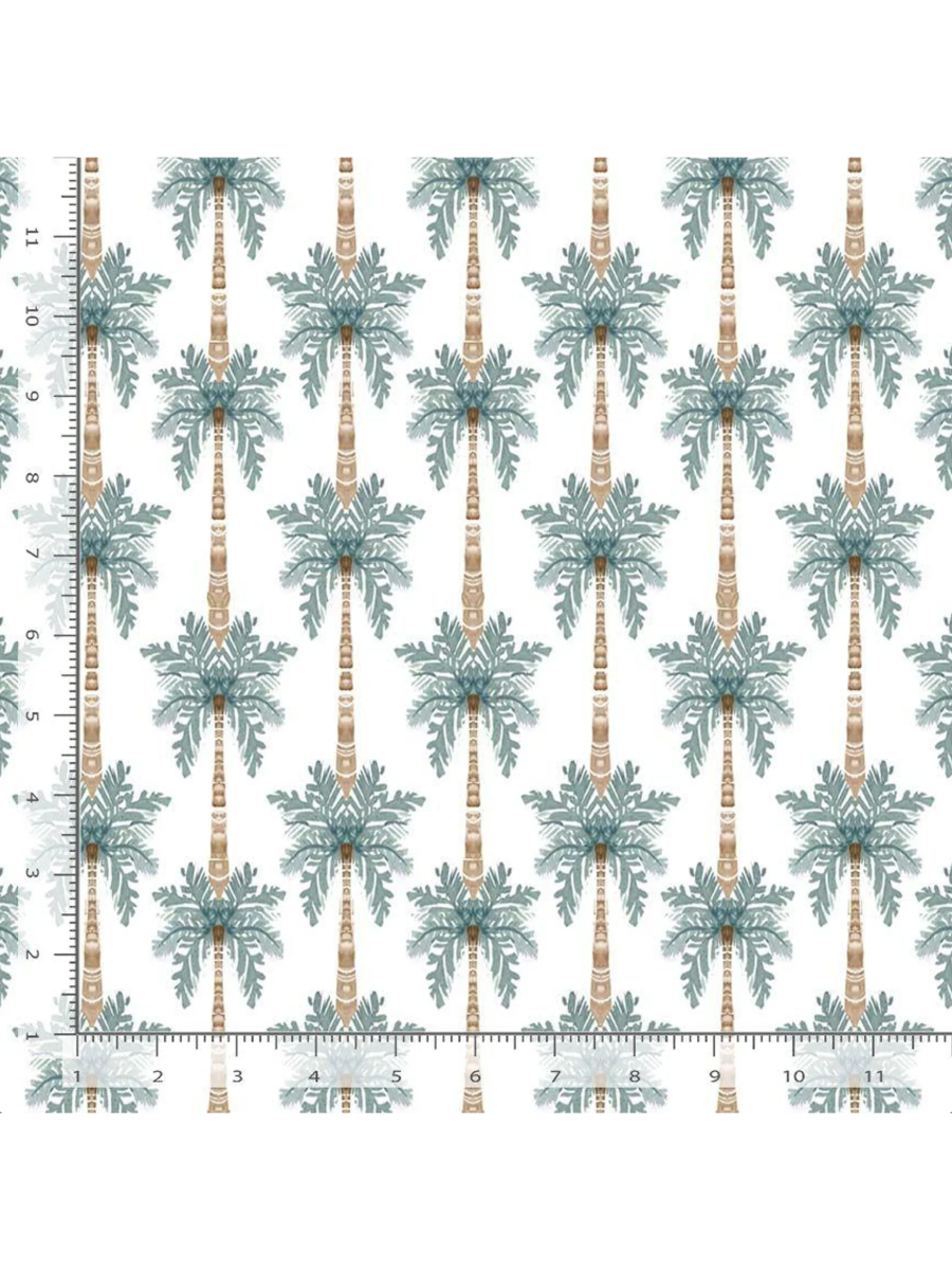 Minimalist white fabric featuring a repeating pattern of small, charcoal-grey palm trees in a clean, tropical layout. Ruler added for reference.