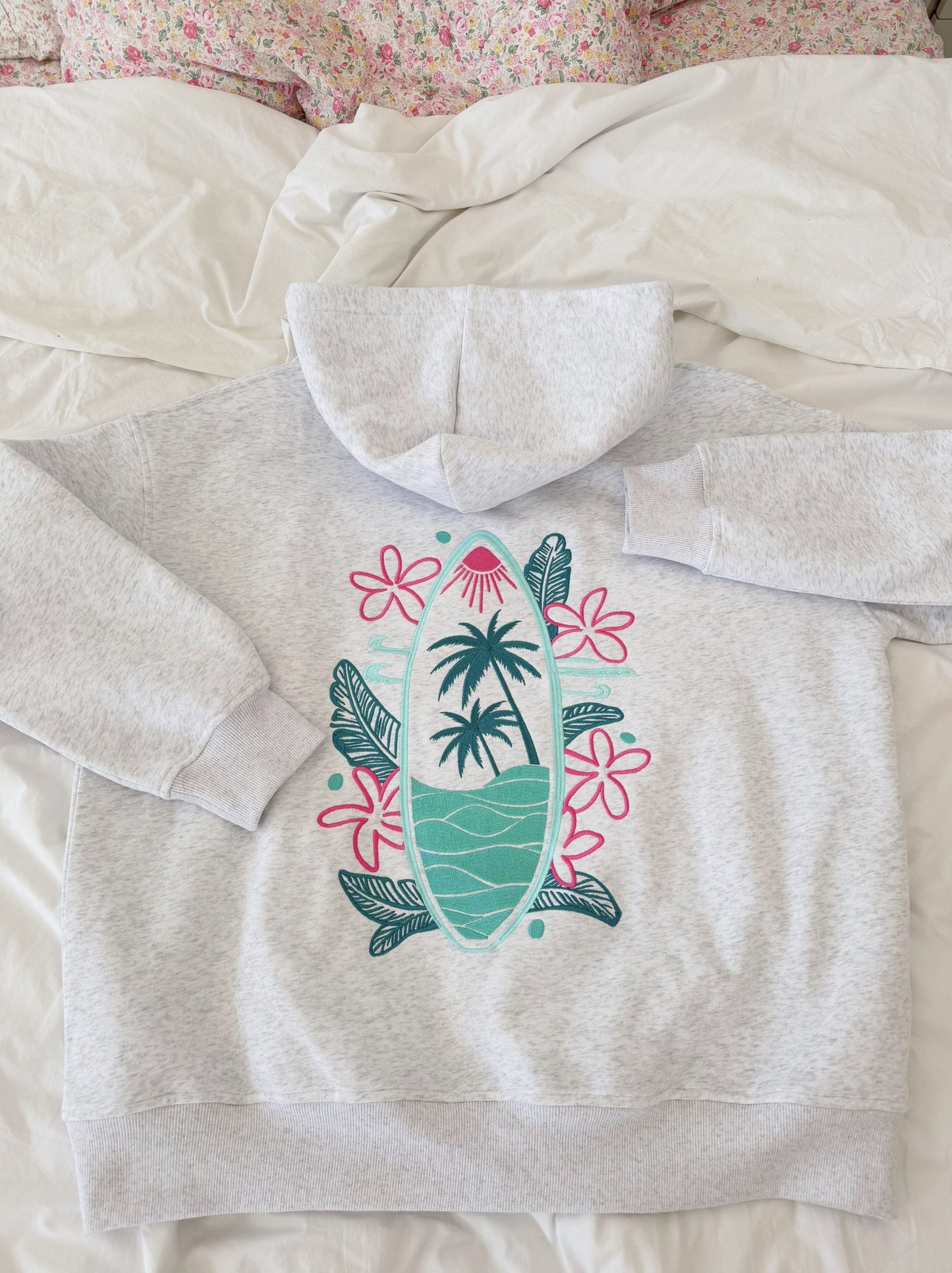 Pearl Grey Surfing the Waves Embroider Hoodie - by Sunkissed Coconut®