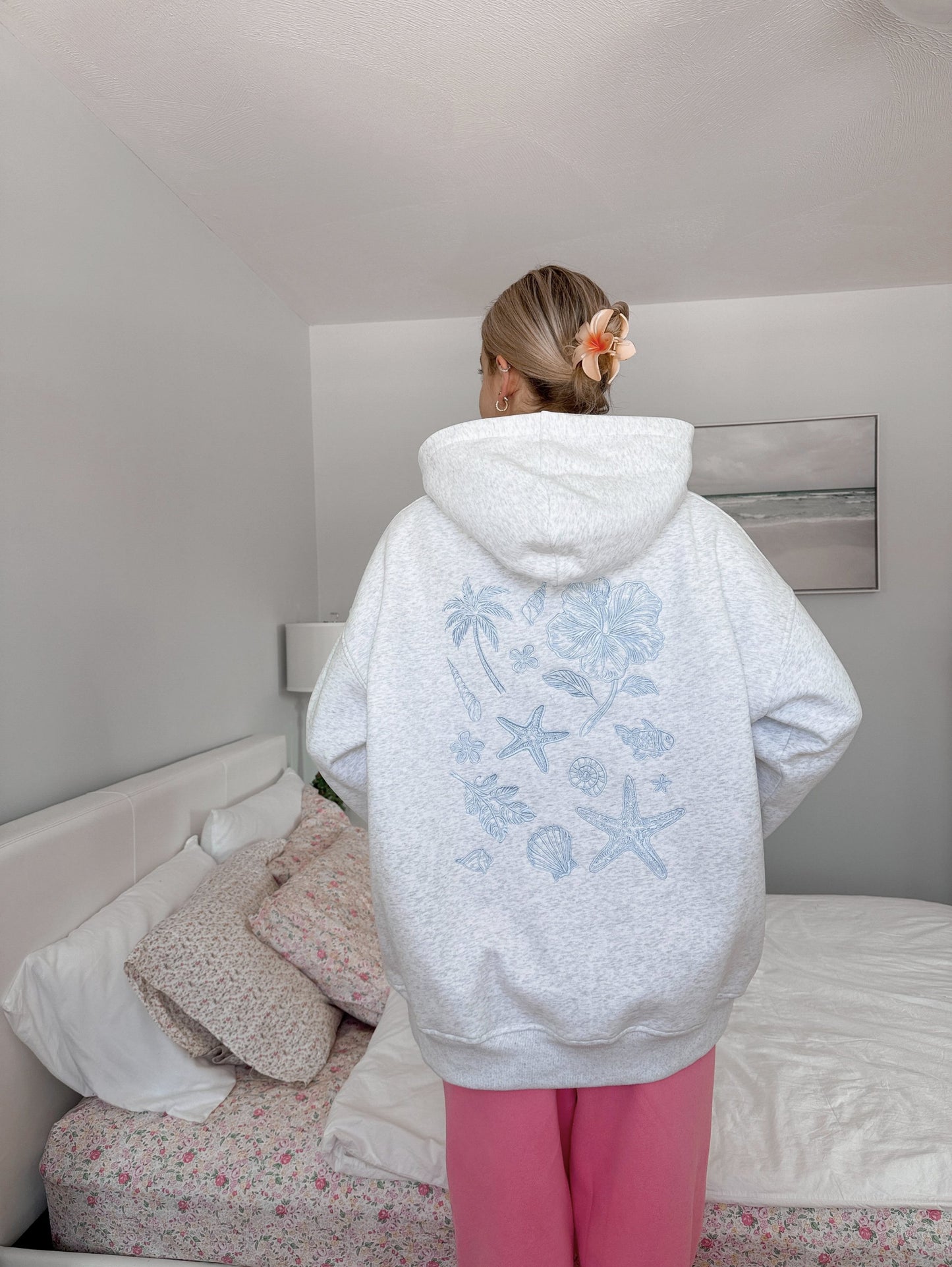 Pearl Grey Tropical Embroider Hoodie - by Sunkissed Coconut