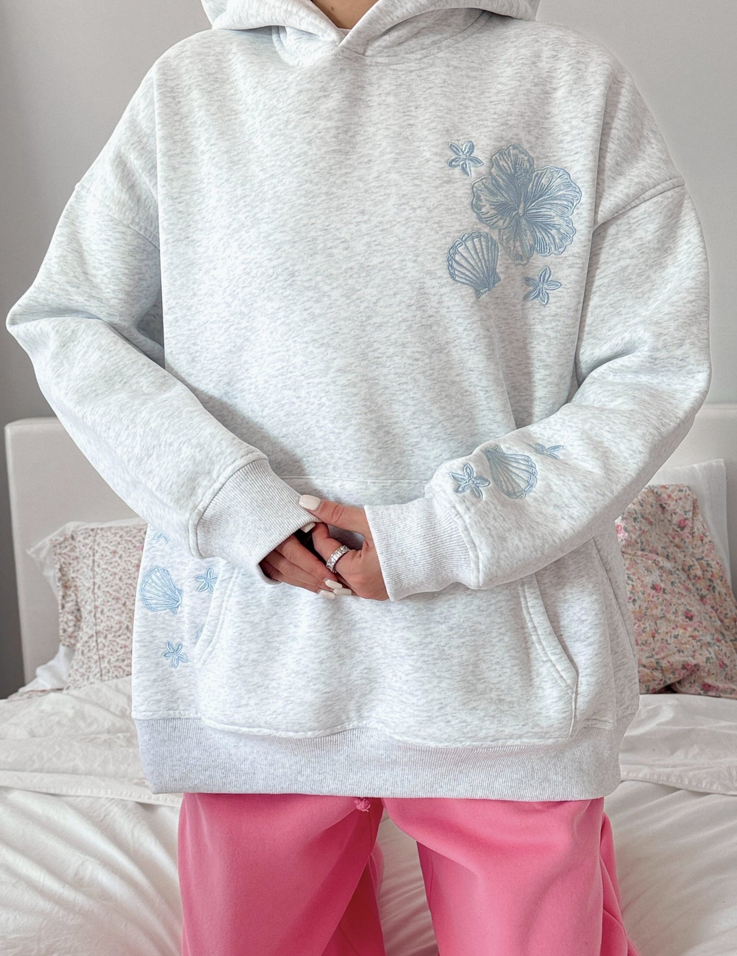 Pearl Grey Tropical Embroider Hoodie - by Sunkissed Coconut