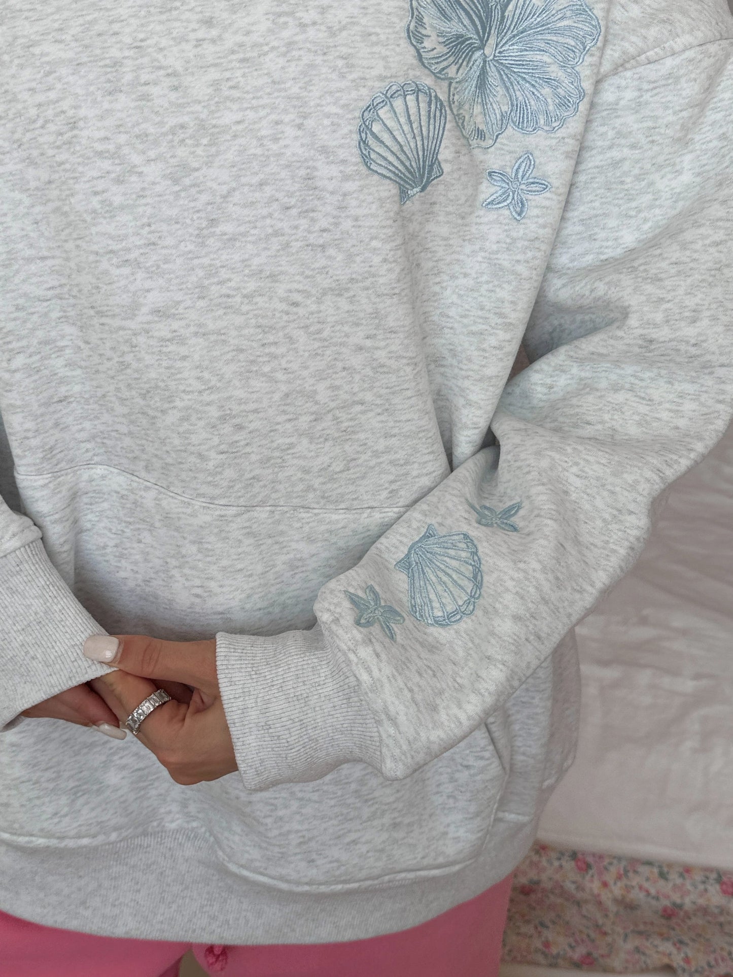 Pearl Grey Tropical Embroider Hoodie - by Sunkissed Coconut