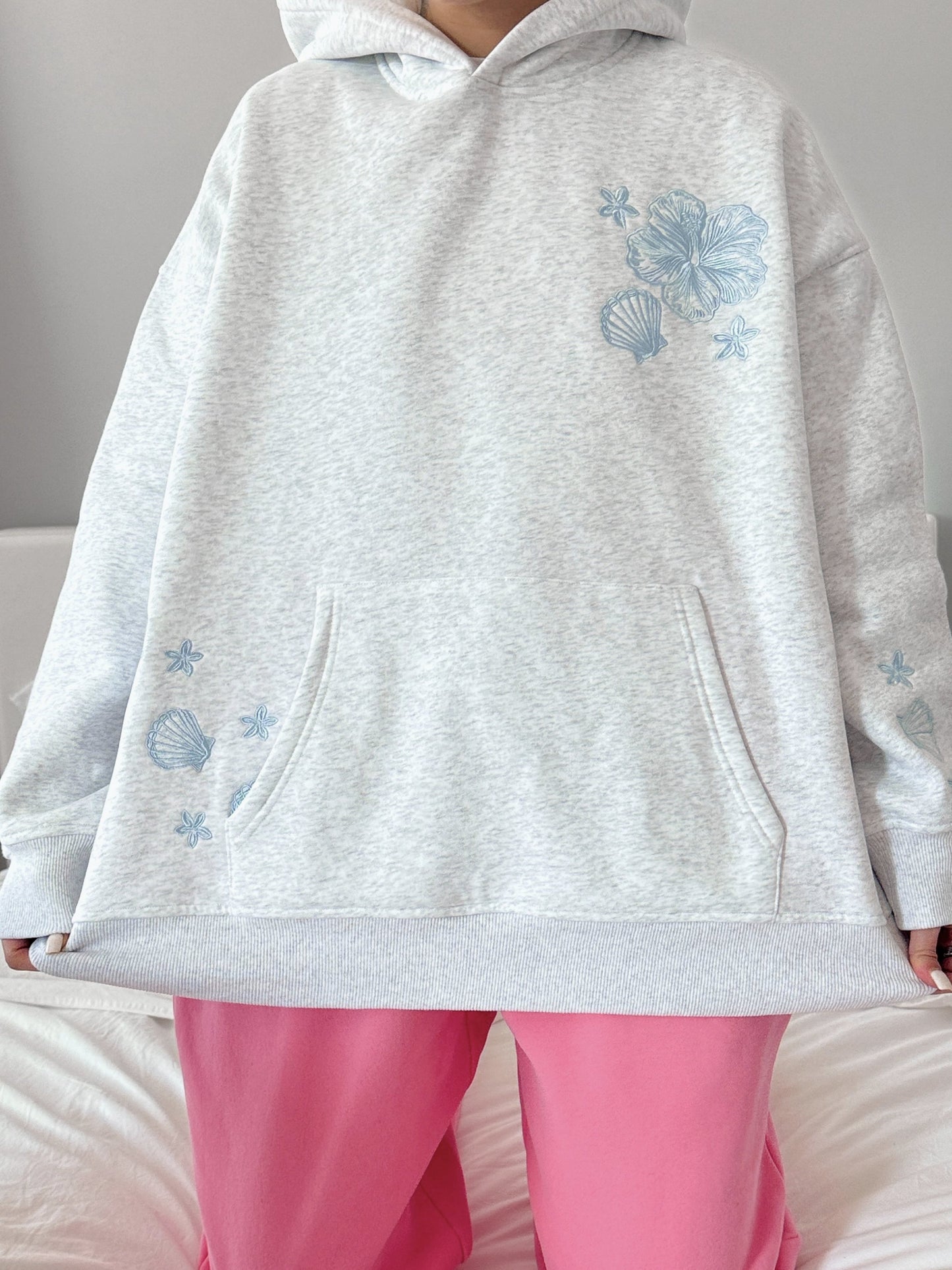 Pearl Grey Tropical Embroider Hoodie - by Sunkissed Coconut