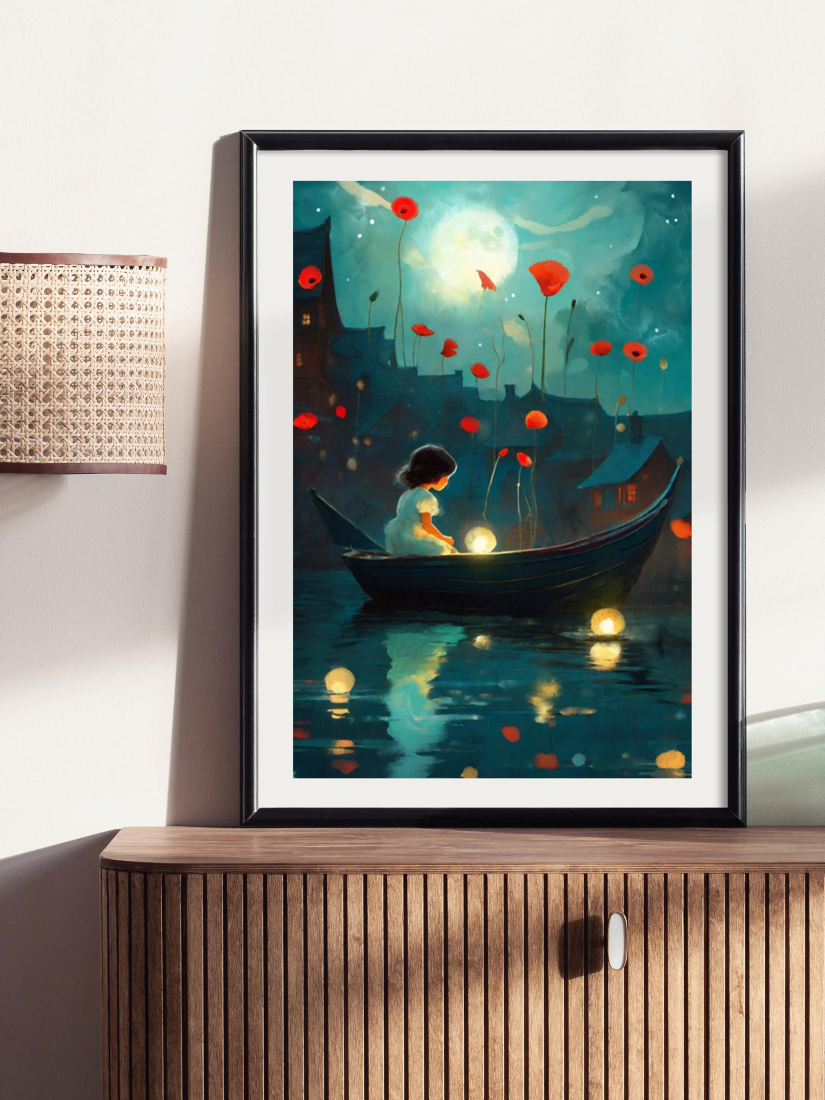A framed art print leaning against a wall on a wooden slatted cabinet. The print shows a girl in a small boat on dark water under a glowing moon, with red flower-like shapes floating in the sky and warm lights reflecting on the surface.
Artwork by @thomas.little.design