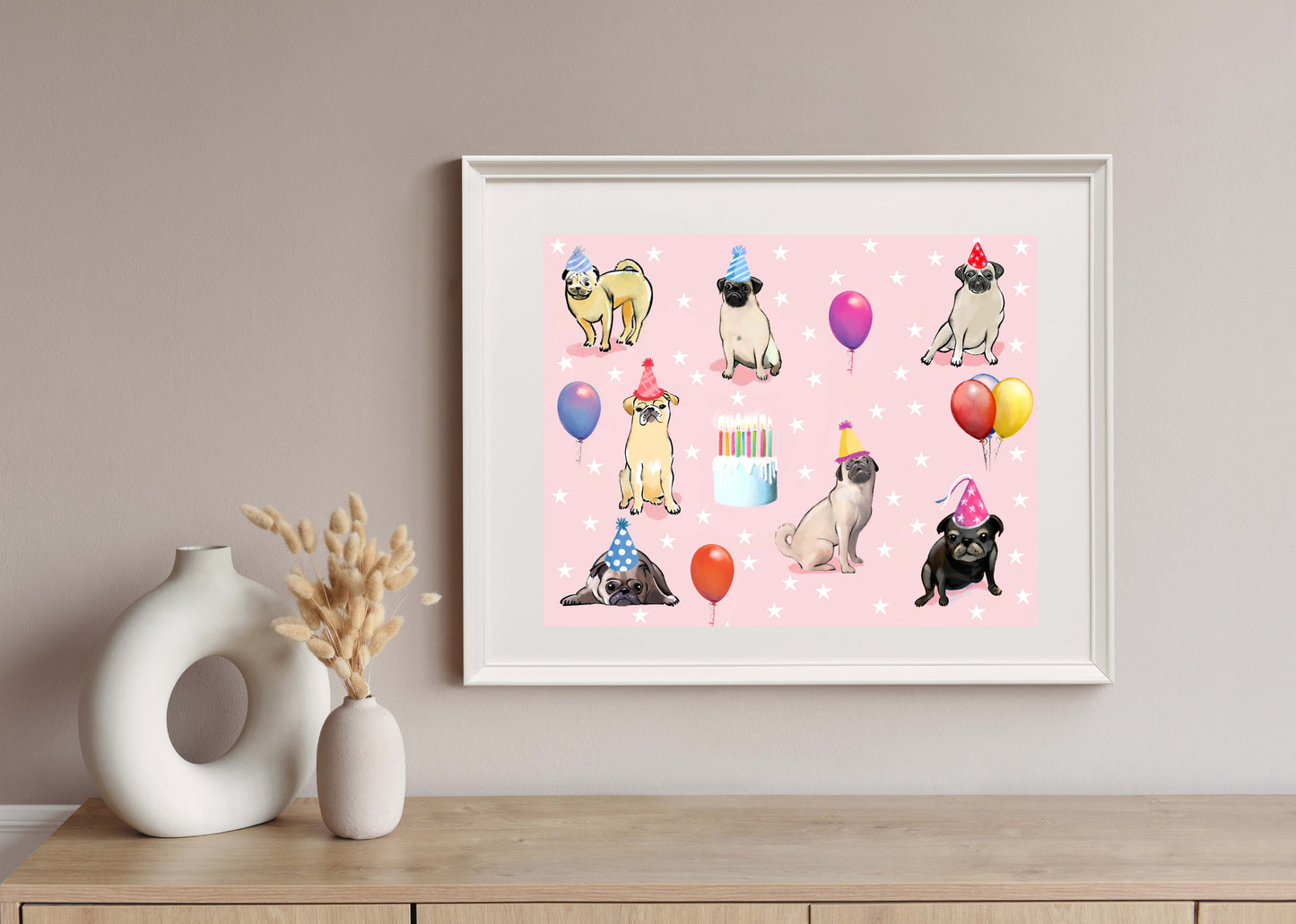 Pug Birthday Pink - Illustrated Print by Thomas Little