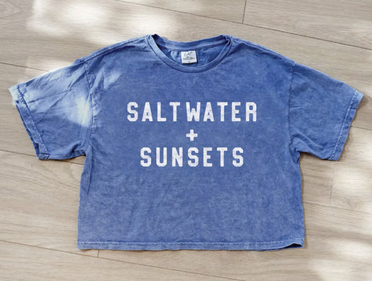 Salt Water and Sunsets Cropped Mineral Graphic Top (Denin Blue color) - by OAT COLLECTIVE®
