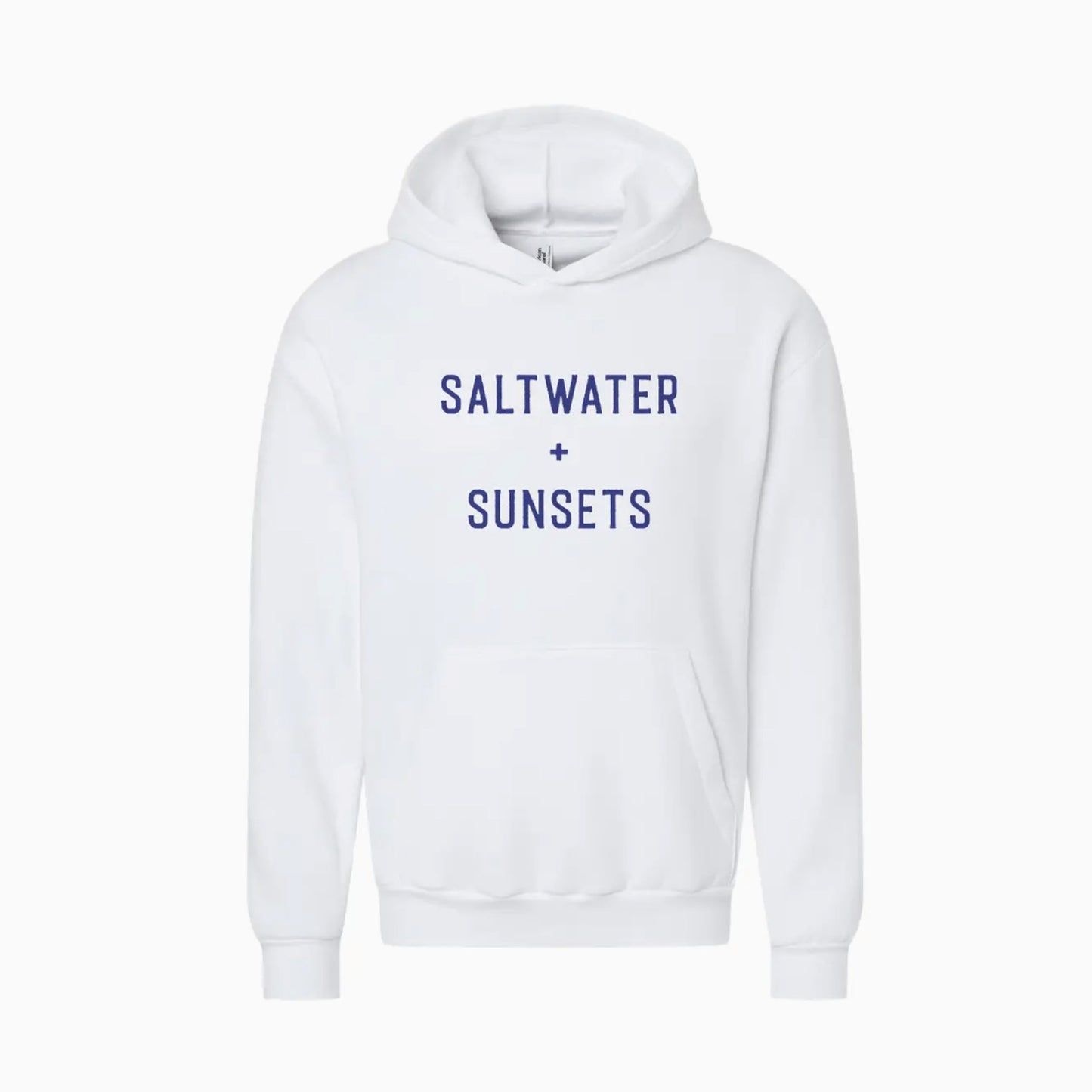 White hoodie with 'Saltwater + Sunsets' text on a white background