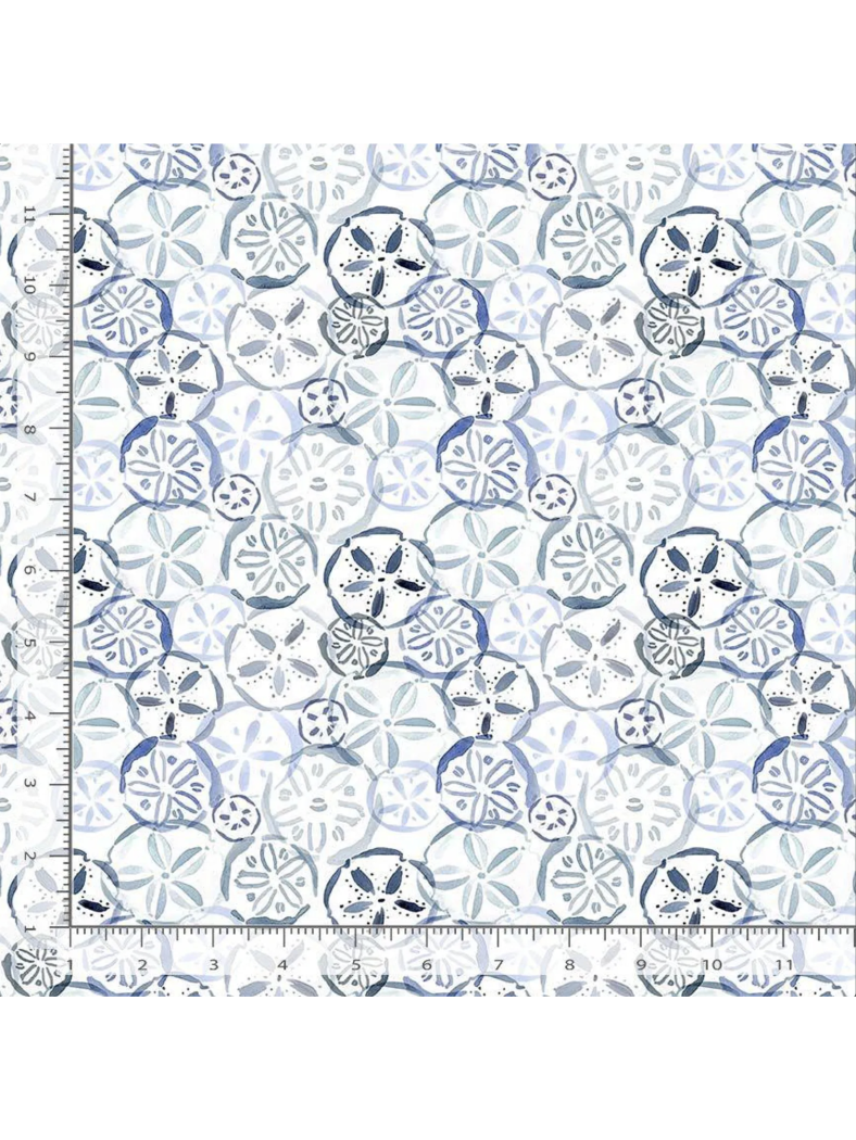 Watercolor fabric featuring a repeating pattern of overlapping indigo and blue sand dollars on a clean white background, rulers added for reference.