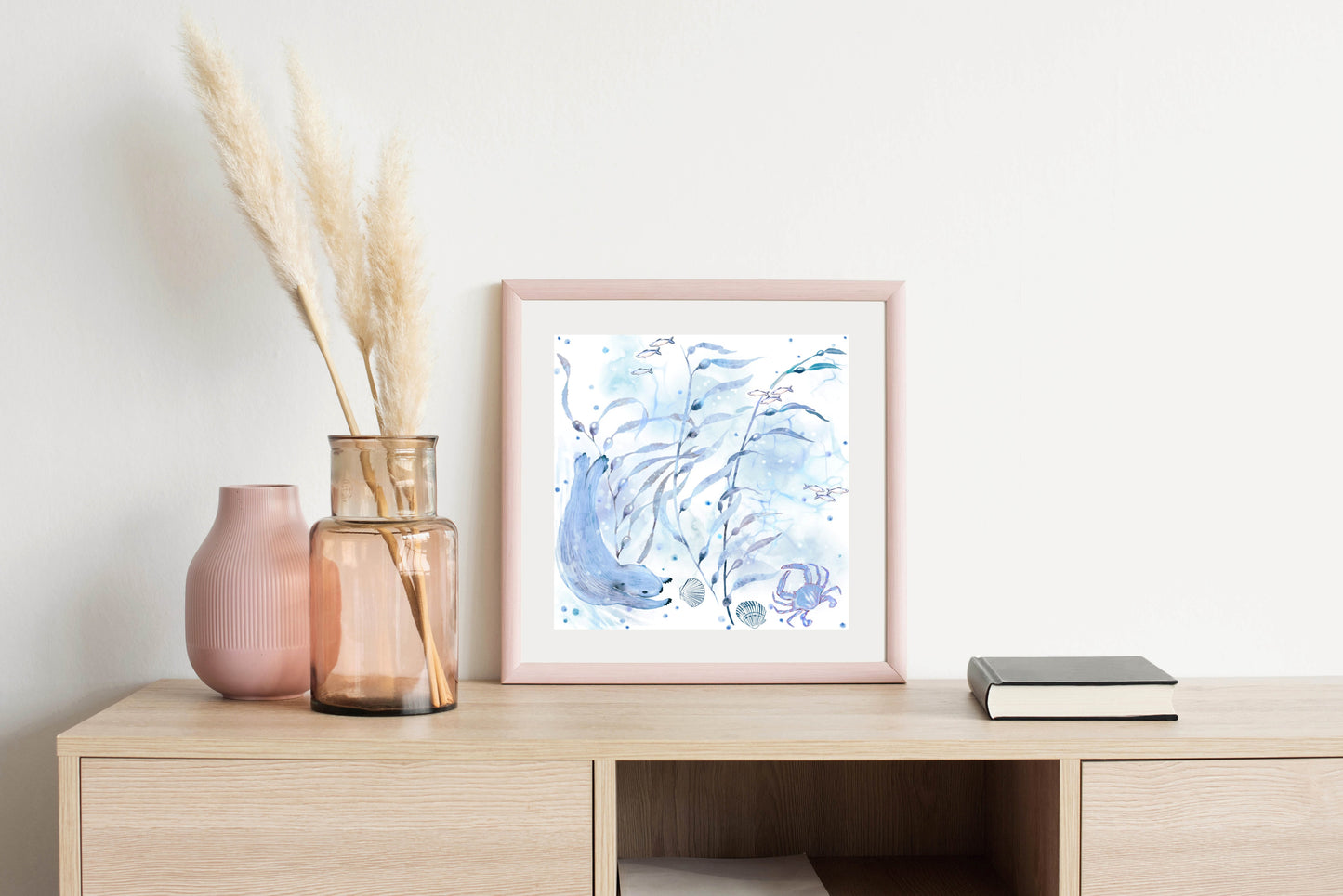 Sea Otter Breakfast Aqua & Blue - Illustrated Print by Thomas Little