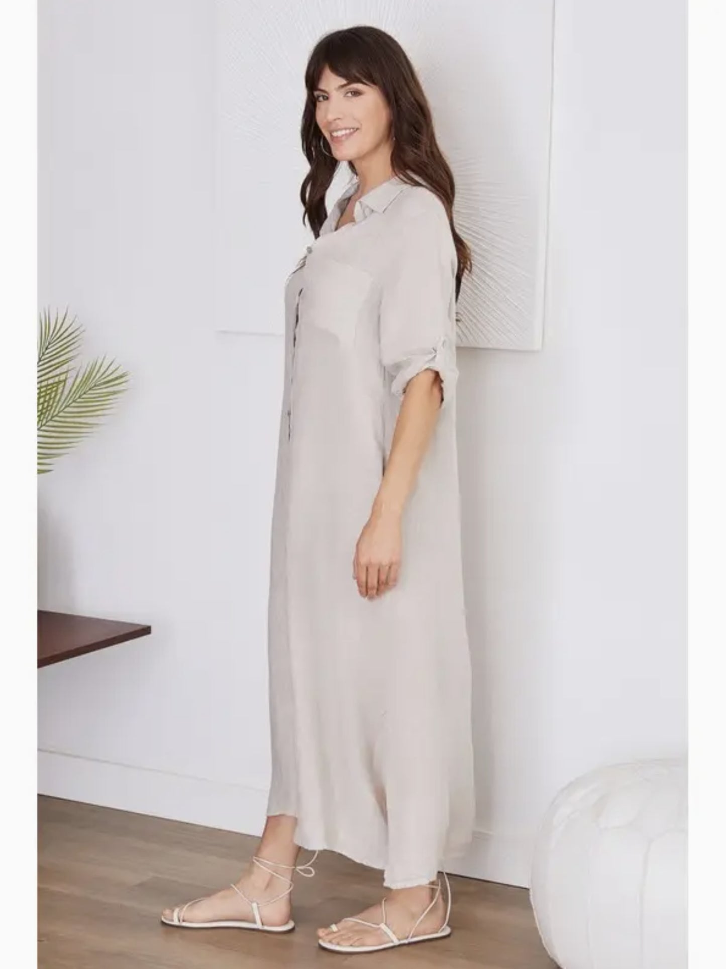Short Sleeve Button Down Linen Long Dress - by Venti6® (Beige Color)