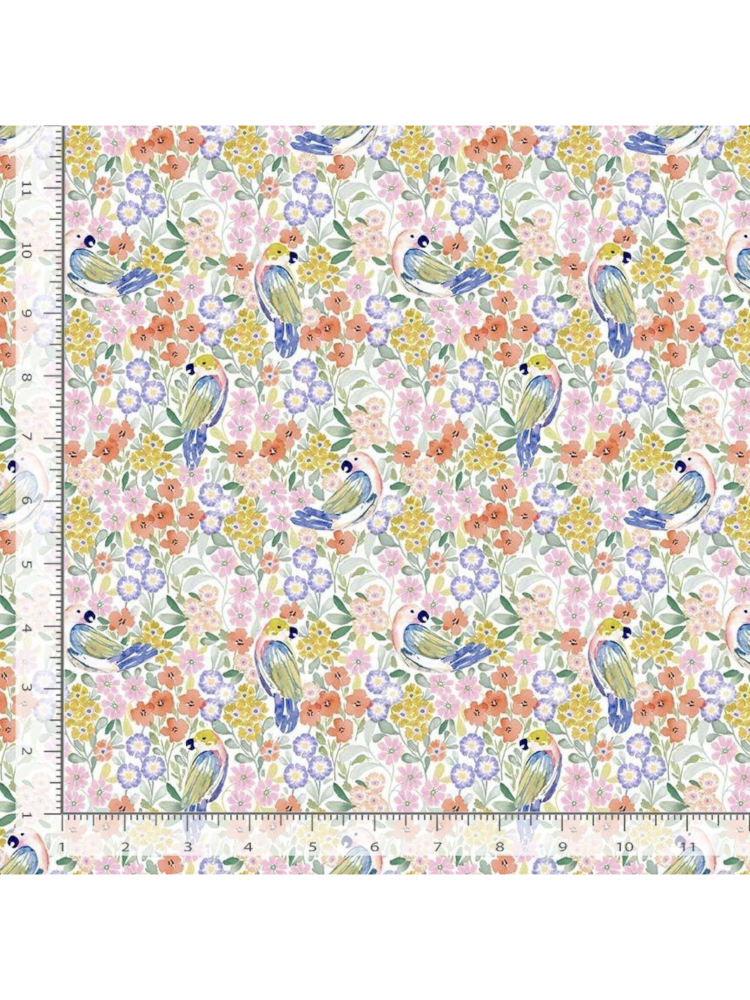 Watercolor fabric pattern featuring blue birds and orange butterflies among colorful paint splashes on a white background, rulers added for reference.