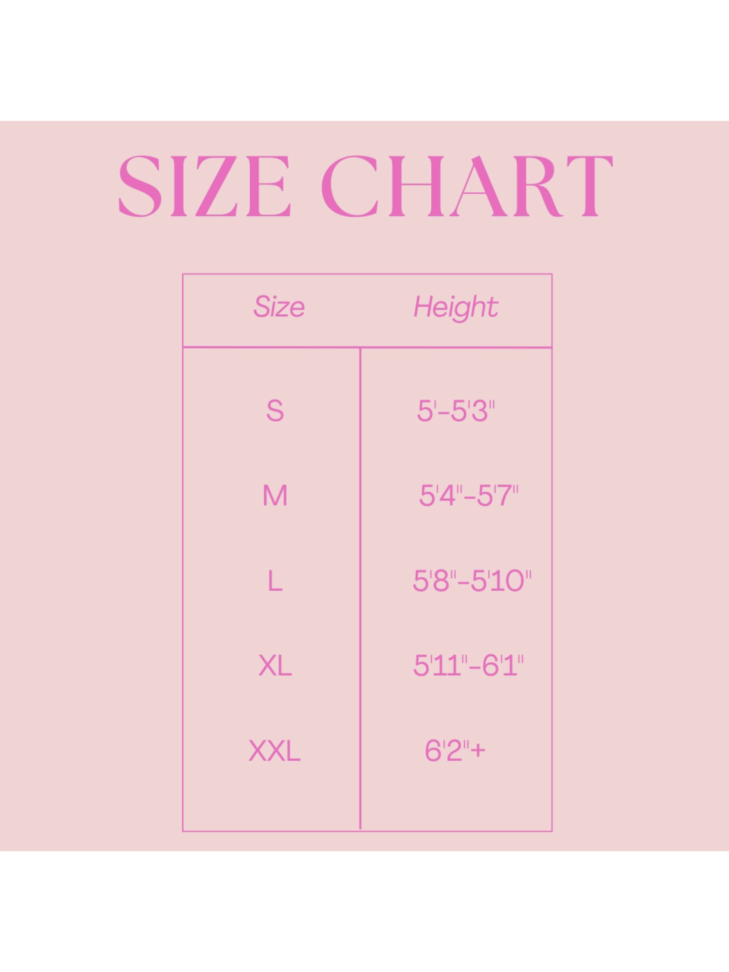 Sizes chart for reference.