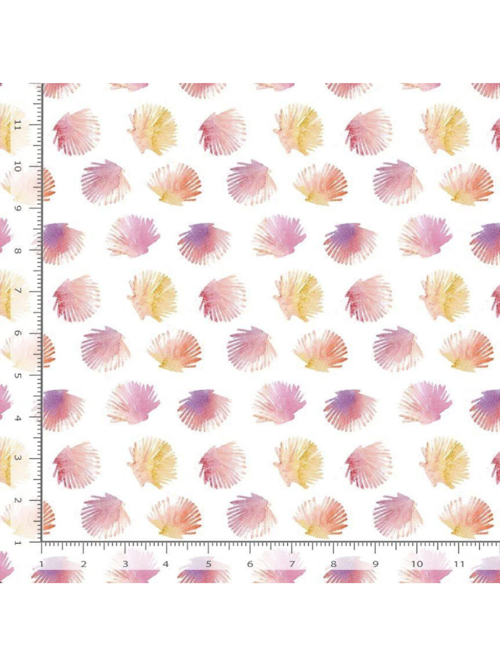 Watercolor fabric pattern of scallop shells in peach, pink, and purple tones on a white background, perfect for coastal sewing and decor, rulers added for reference.