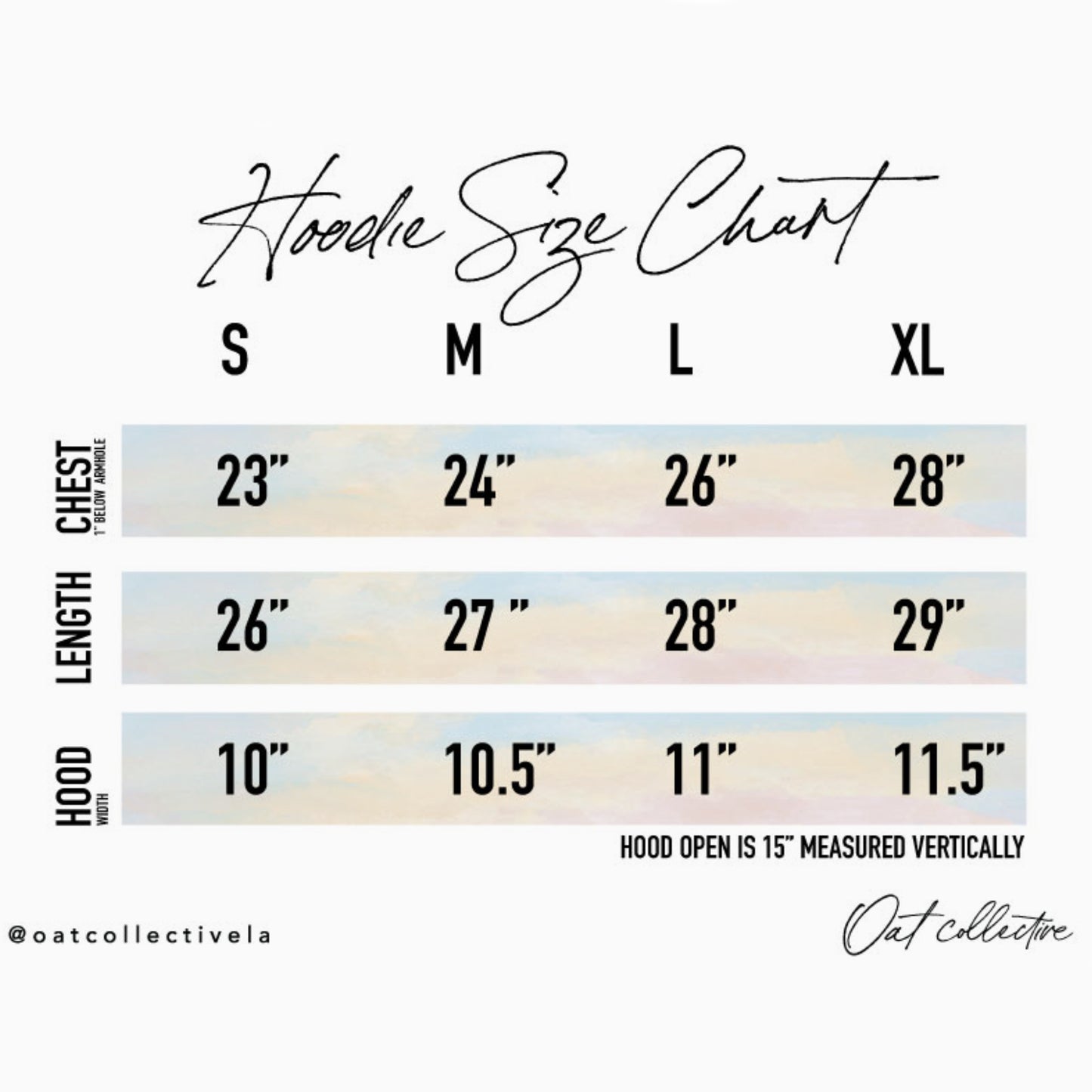 Hoodies sizes chart.