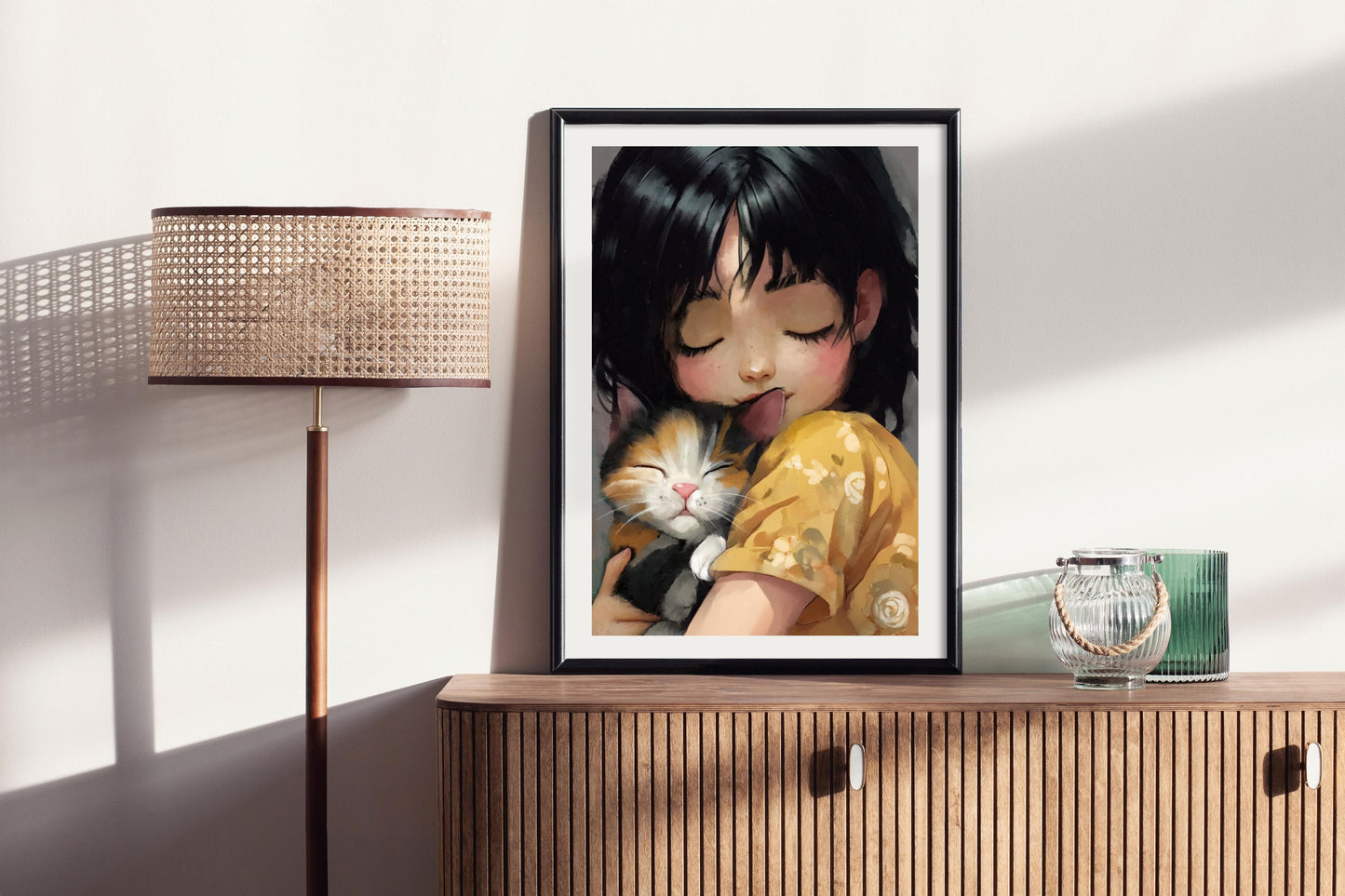 Tender Moments – A Heartwarming Cat & Girl Embrace | Cozy & Loving Art Print