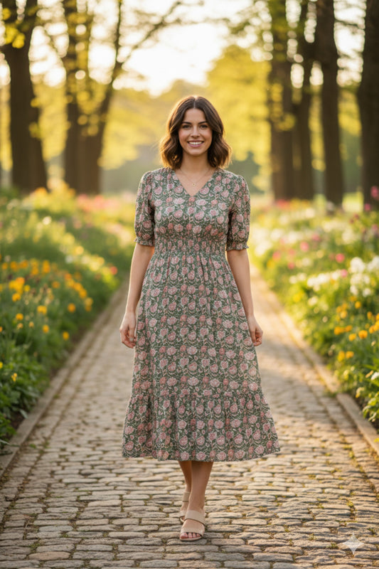 The Violet Floral Smocked Midi Dress - by Downeast®