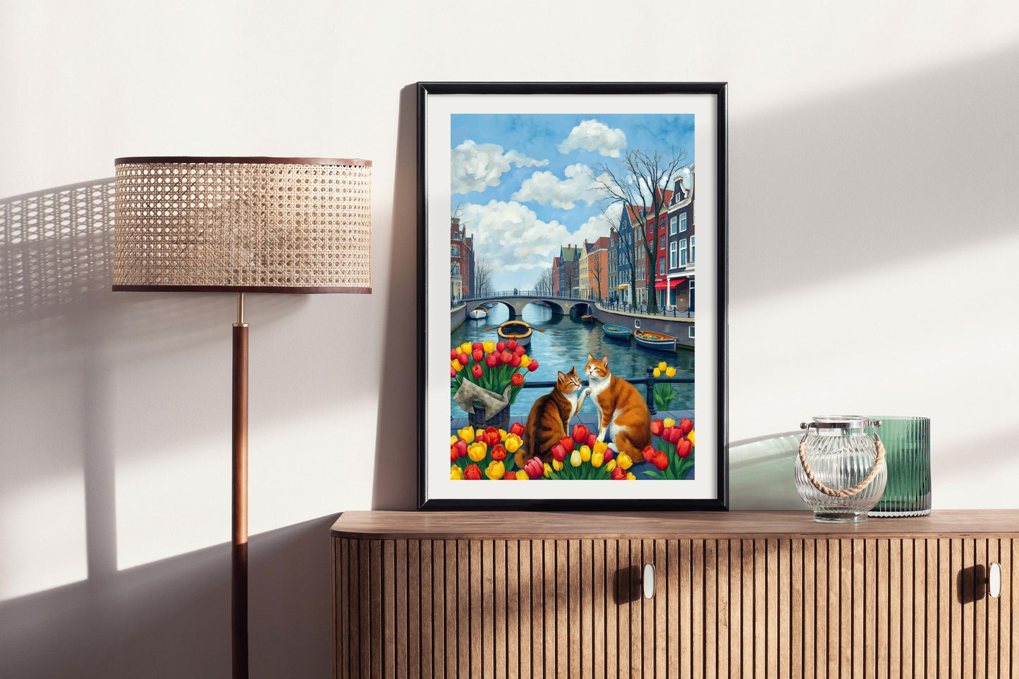 Tulips and Two Cats – Charming Amsterdam Canal Art Print