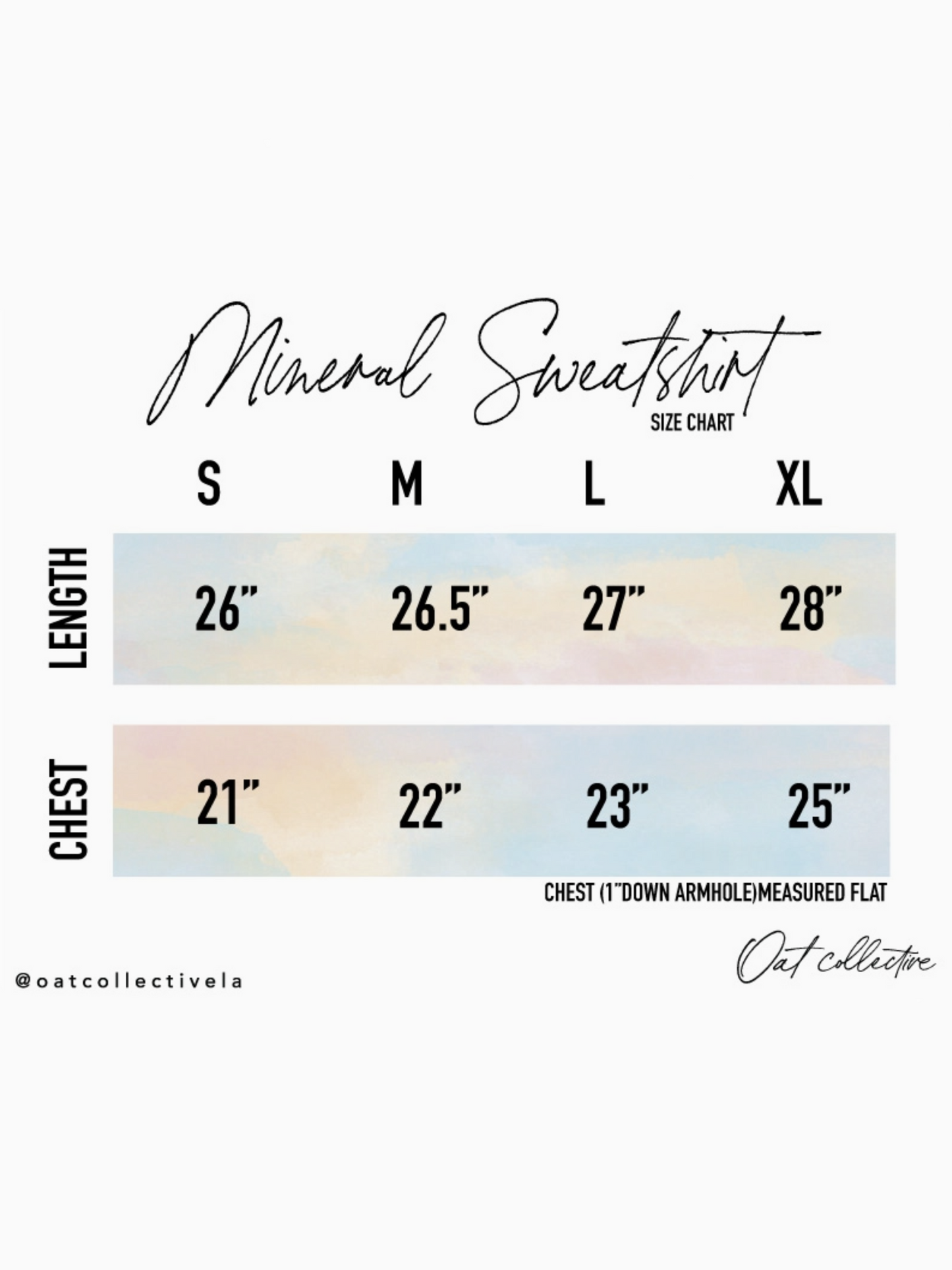 Size chart for Mineral Sweatshirt with length and chest measurements.