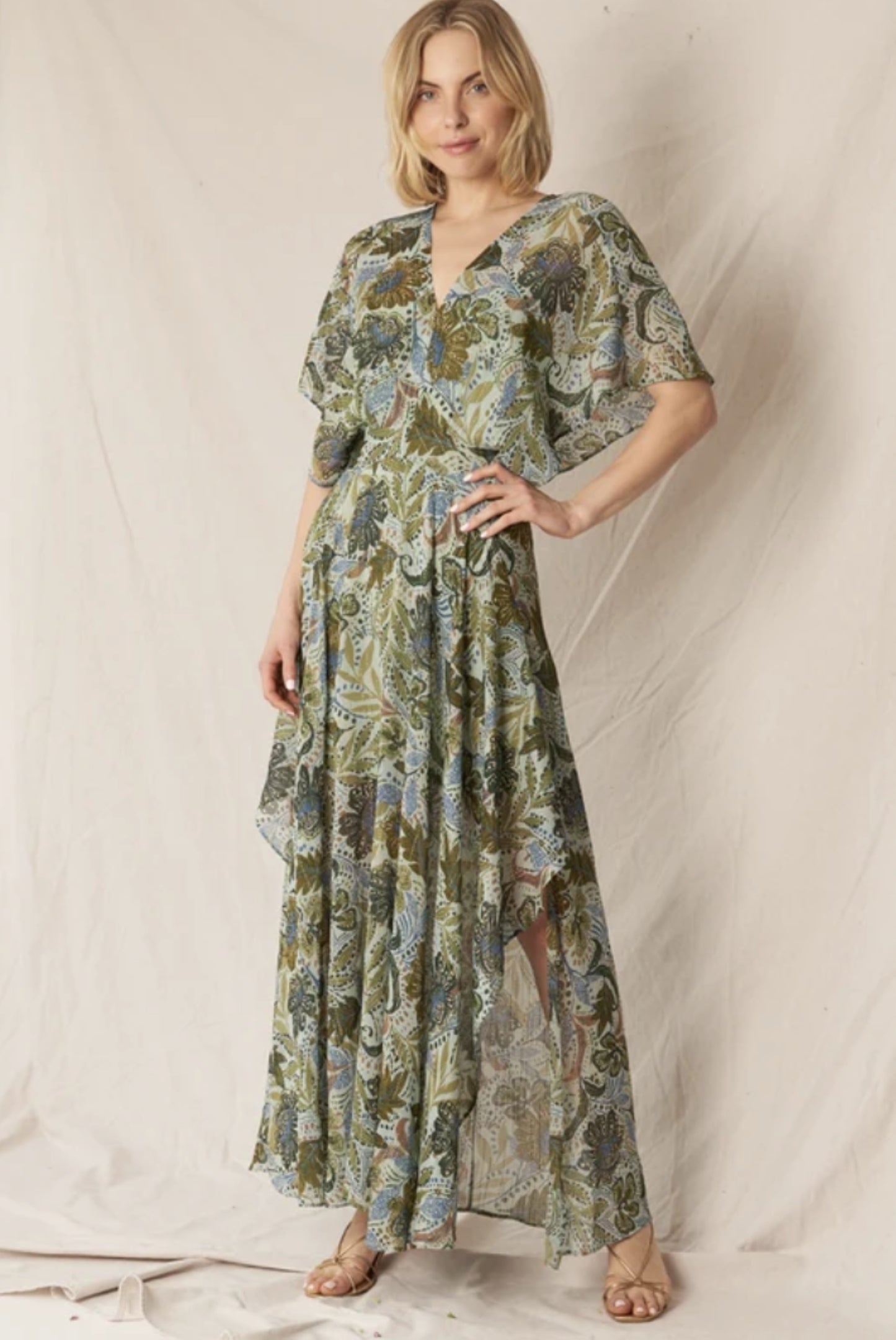 V-Neck Printed Gauze Maxi Dress - by En Creme®