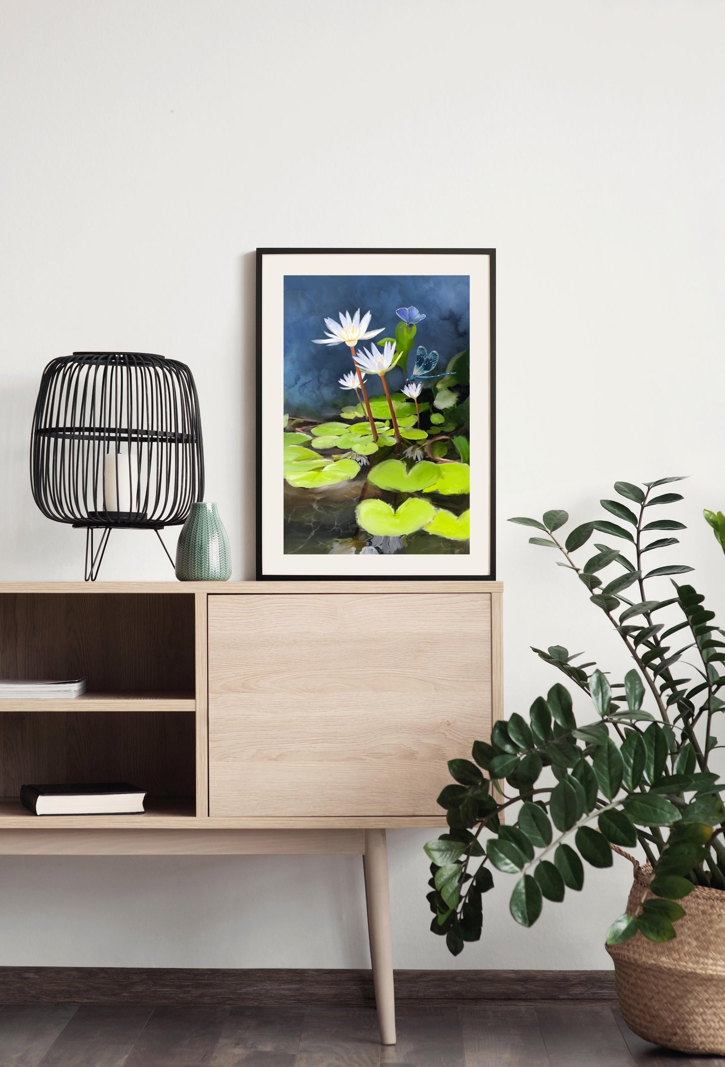 Water Lilies Blue Butterfly and Damselfly - Illustrated Print by Thomas Little