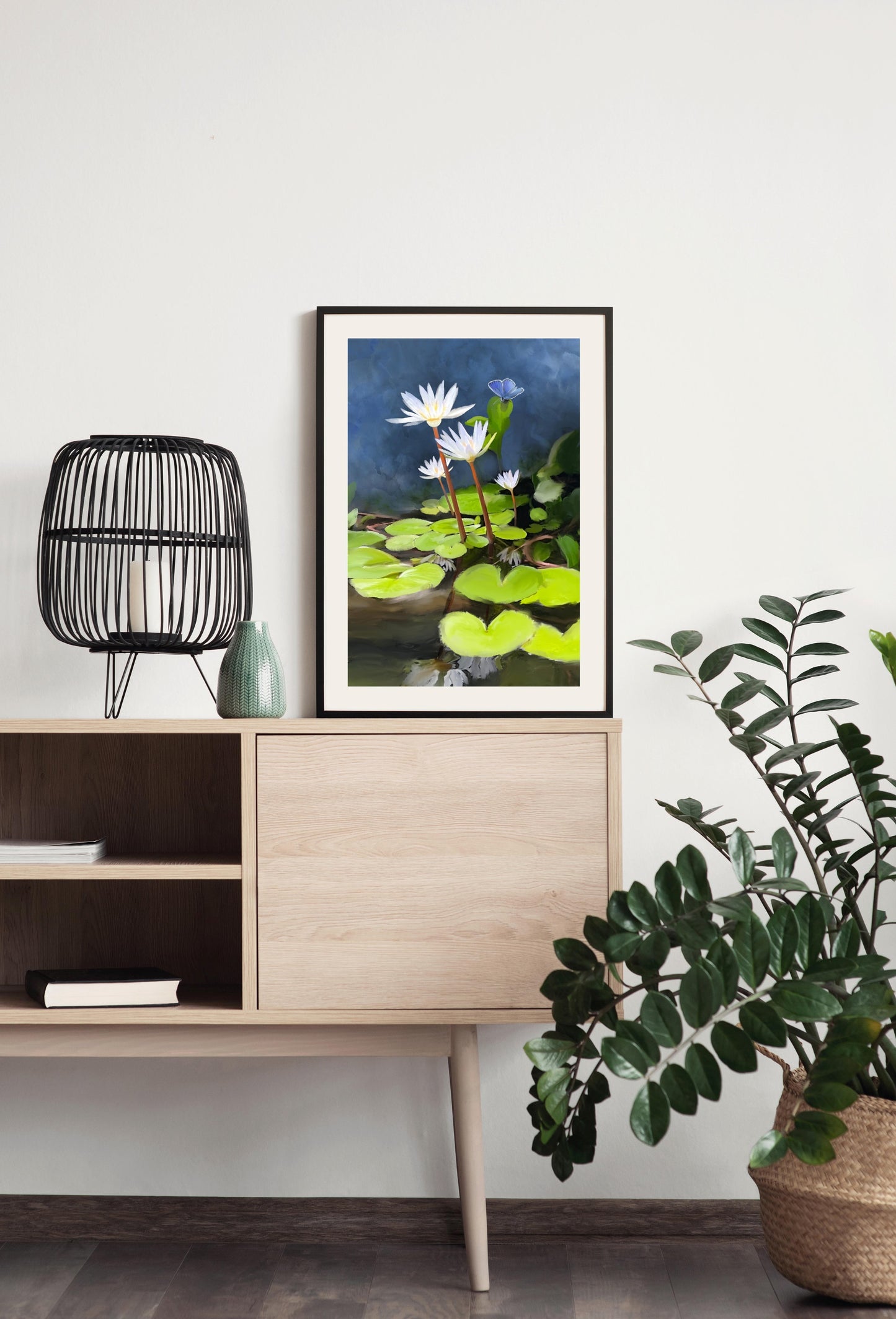 Water Lilies and Blue Butterfly - Illustrated Print by Thomas Little