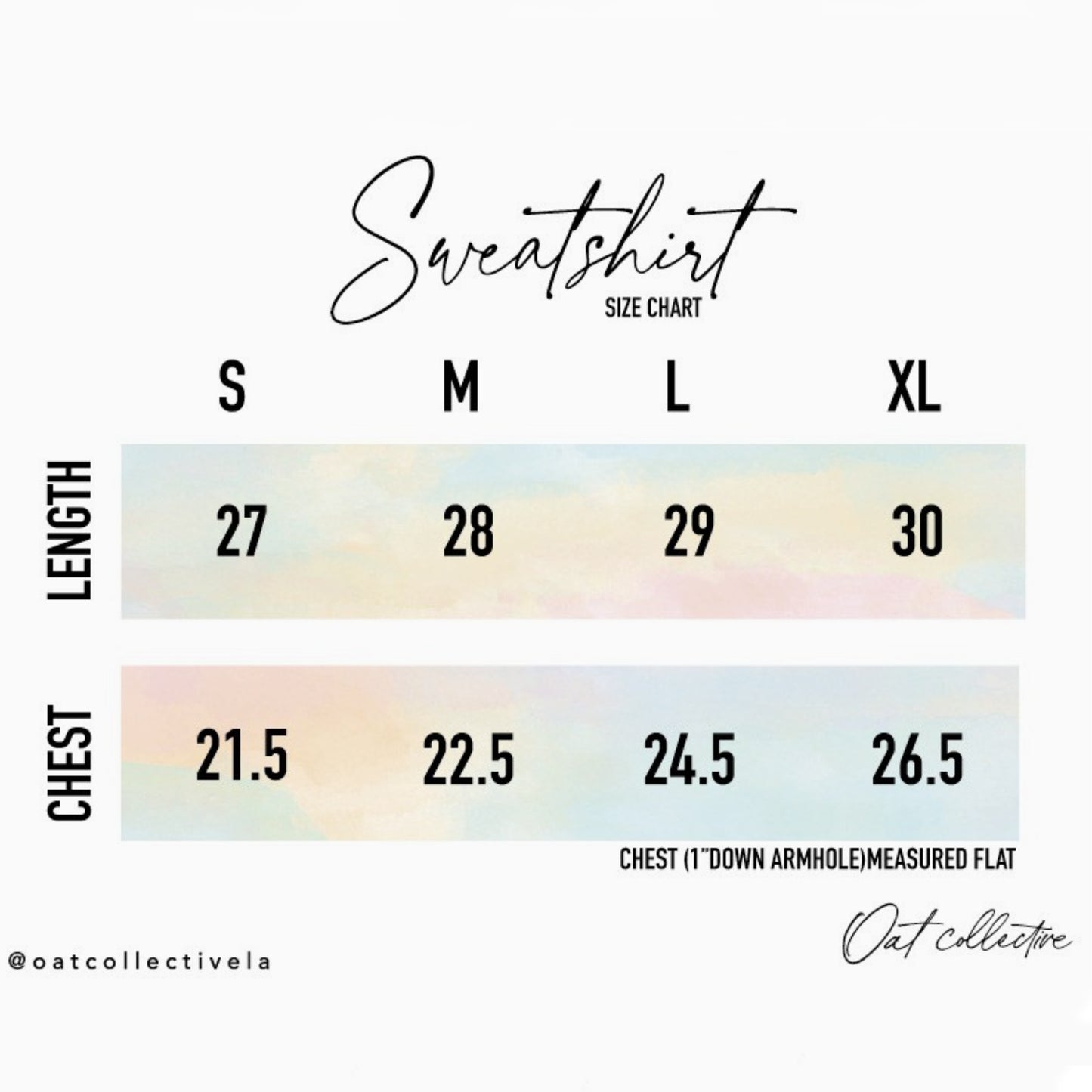 Sweatshirt size chart with length and chest measurements on a white background