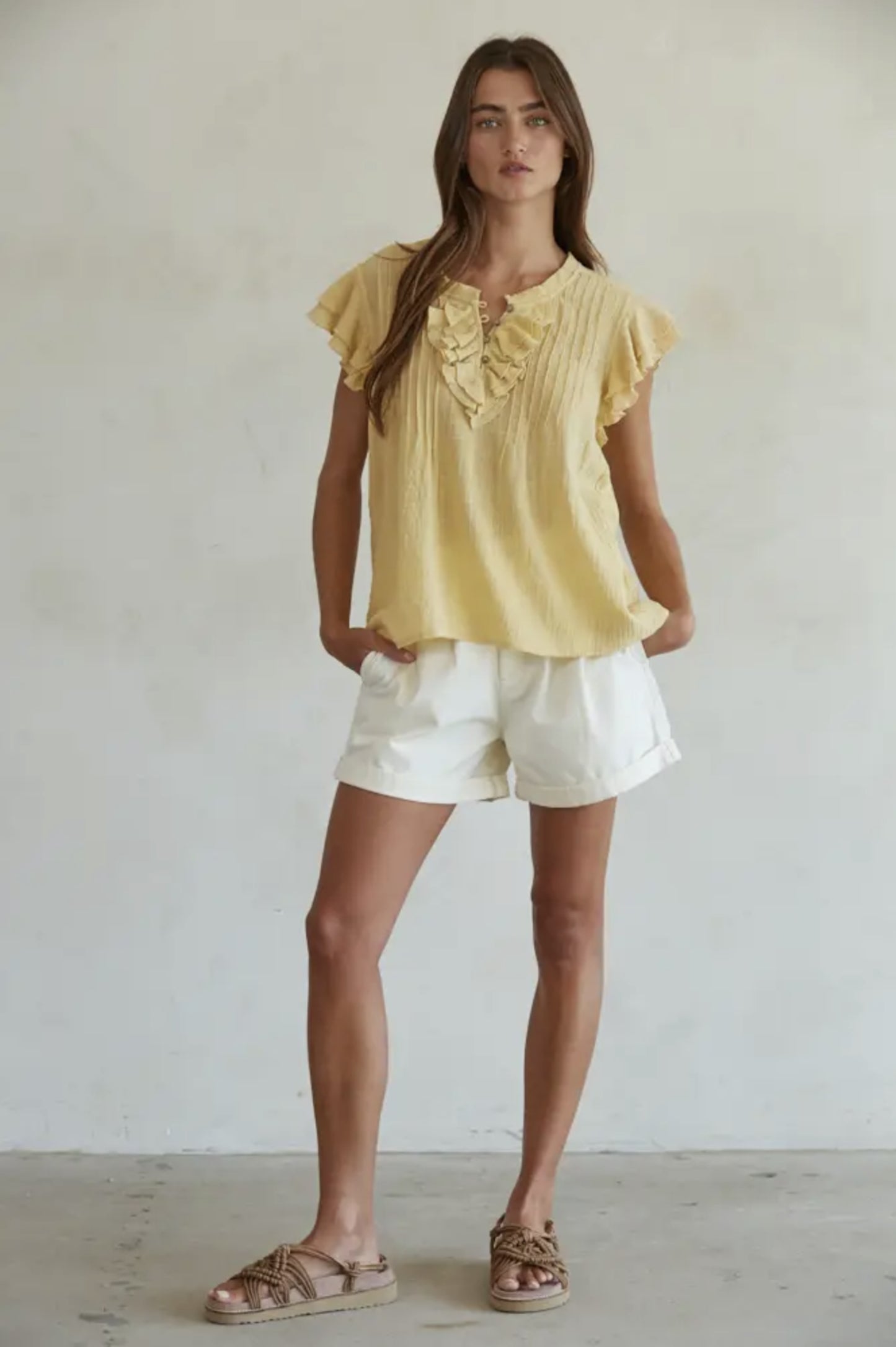 Woven Cotton Linen Button V-Neck Short Sleeve Top (Mustard color) - by By Together®