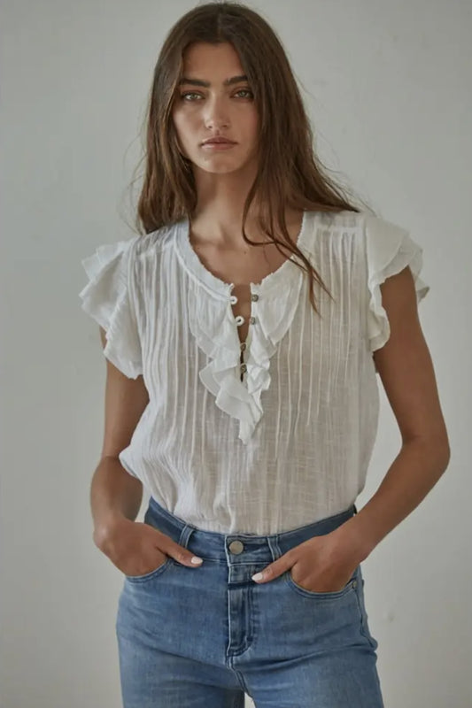 Woven Cotton Linen Button V-Neck Short Sleeve Top (Off White color) - by By Together®