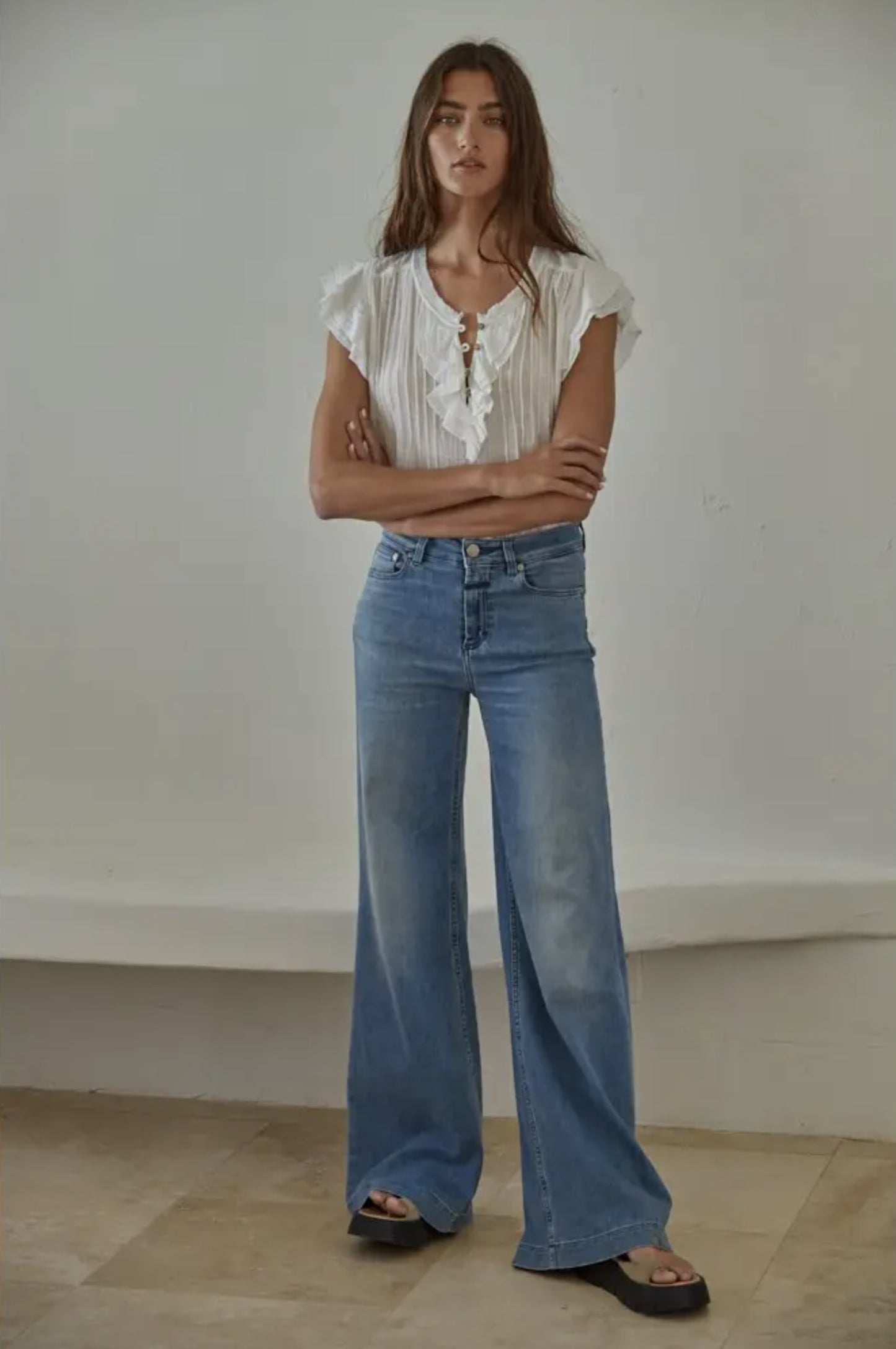 Woven Cotton Linen Button V-Neck Short Sleeve Top (Off White color) - by By Together®
