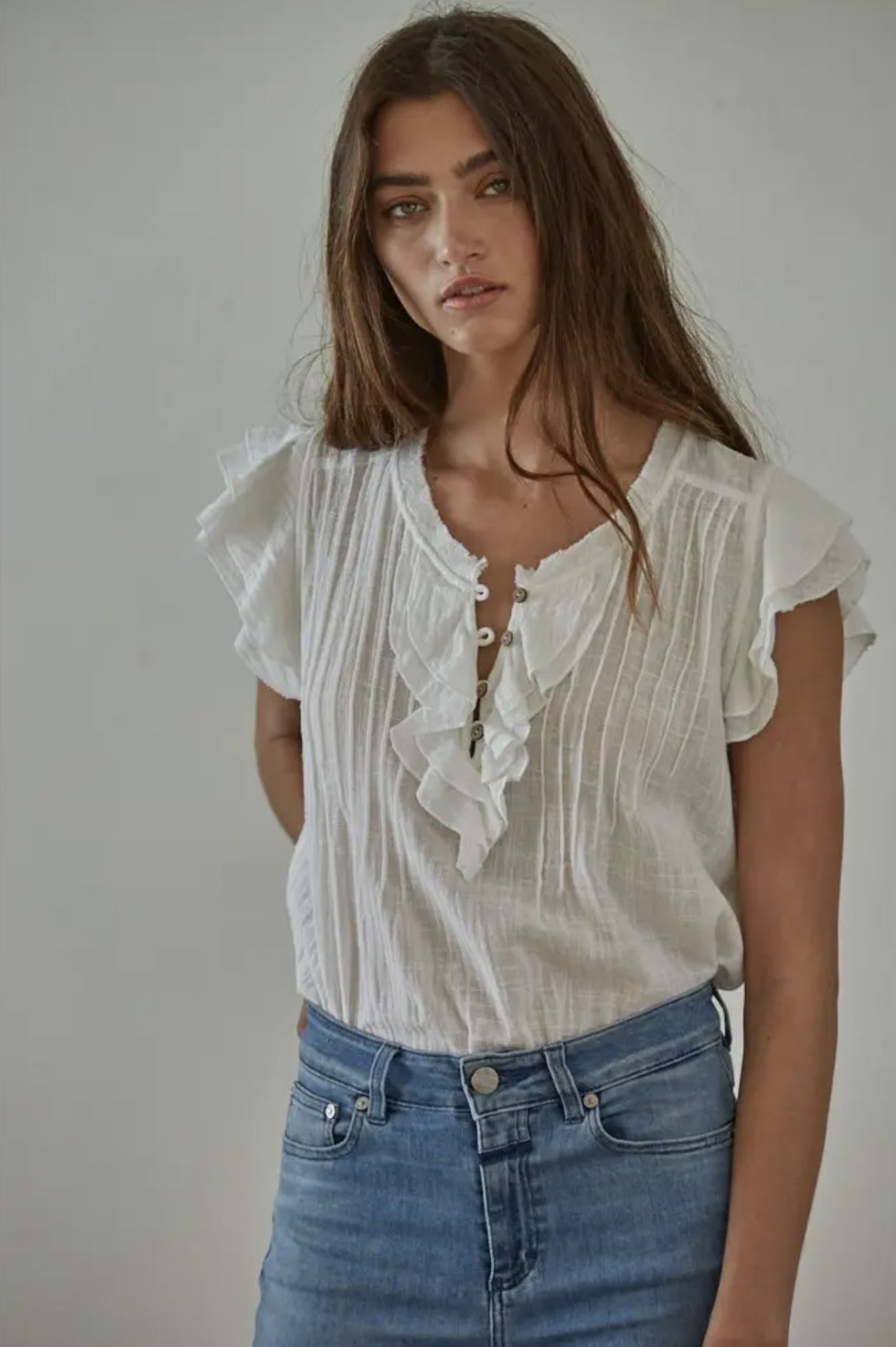 Woven Cotton Linen Button V-Neck Short Sleeve Top (Off White color) - by By Together®