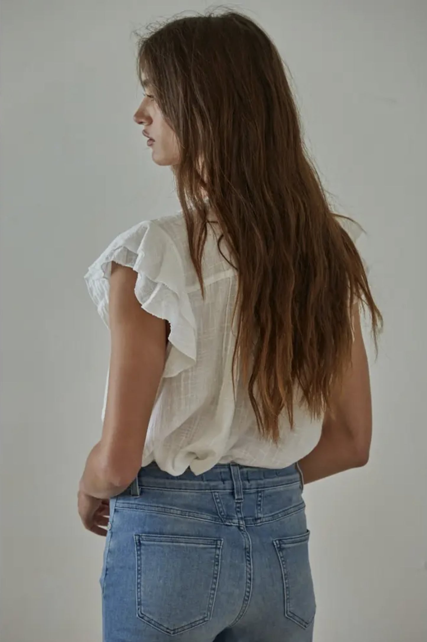 Woven Cotton Linen Button V-Neck Short Sleeve Top (Off White color) - by By Together®
