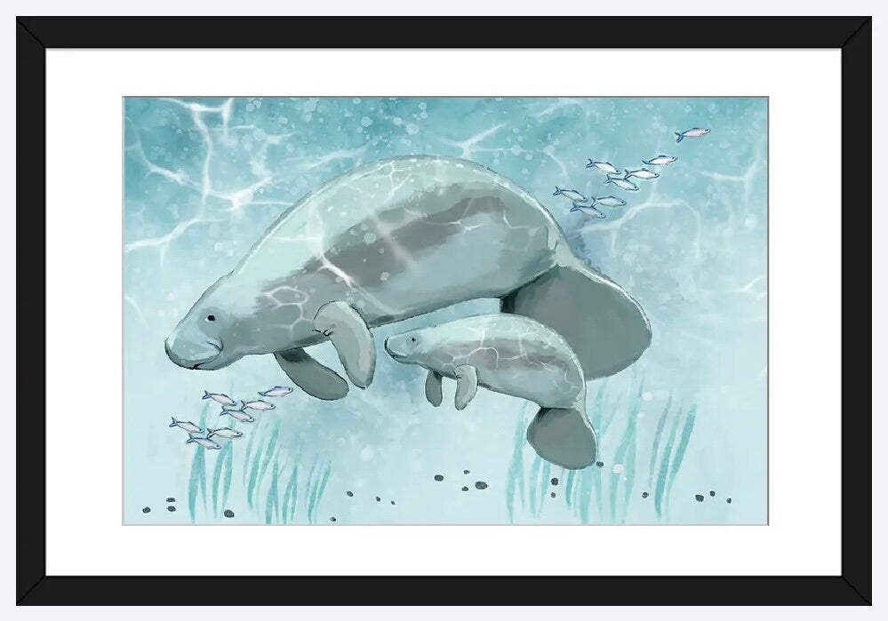 Mama and Baby Manatee by Thomas Little - 24 X 16 inches - Framed Art Print