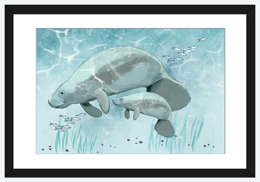 Mama and Baby Manatee by Thomas Little - 24 X 16 inches - Framed Art Print