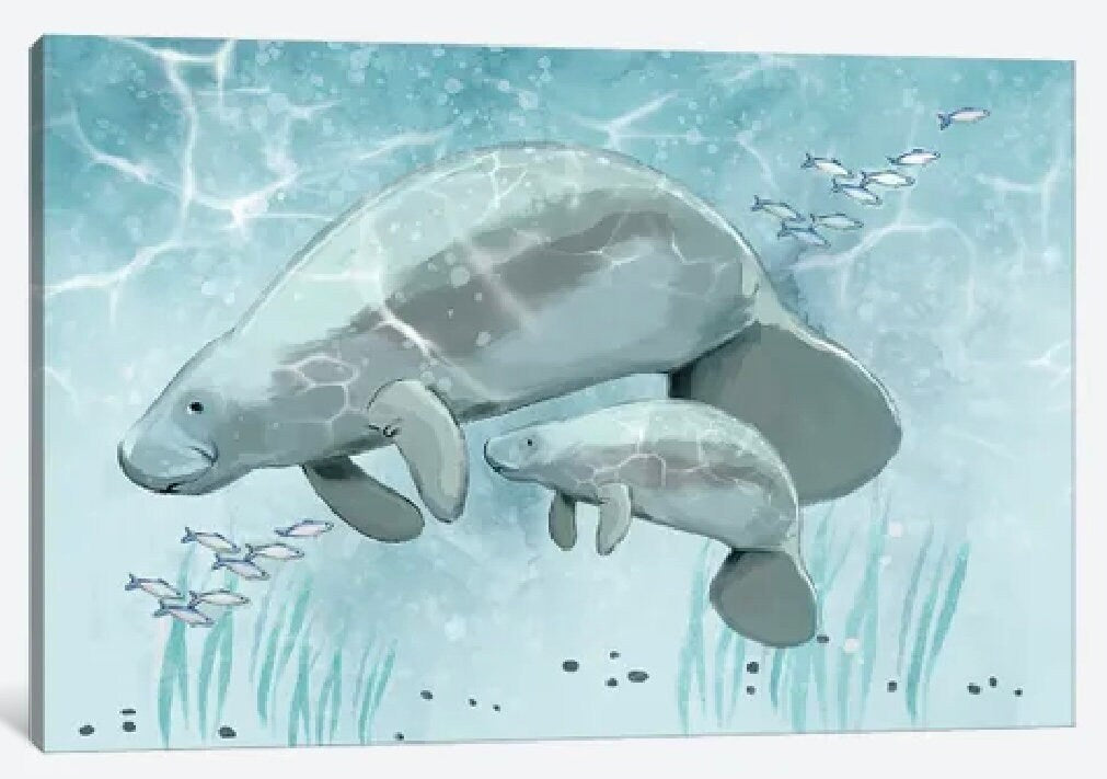 Mama and Baby Manatee by Thomas Little - 24 X 16 inches - Framed Art Print
