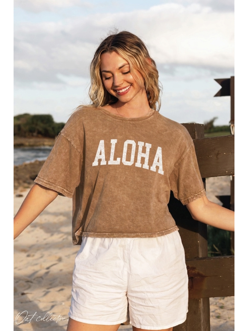Aloha Cropped Mineral Graphic Top (Toast color) - by OAT COLLECTIVE®