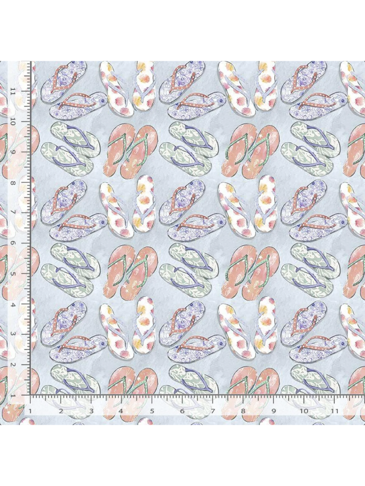 Vibrant light purple fabric featuring a repeating pattern of colorful floral-printed flip flops and tropical leaves. Rulers applied for motif sizes reference.