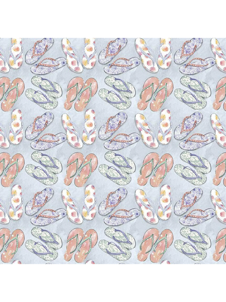 Vibrant light purple fabric featuring a repeating pattern of colorful floral-printed flip flops and tropical leaves.