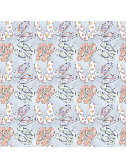 Vibrant light purple fabric featuring a repeating pattern of colorful floral-printed flip flops and tropical leaves.