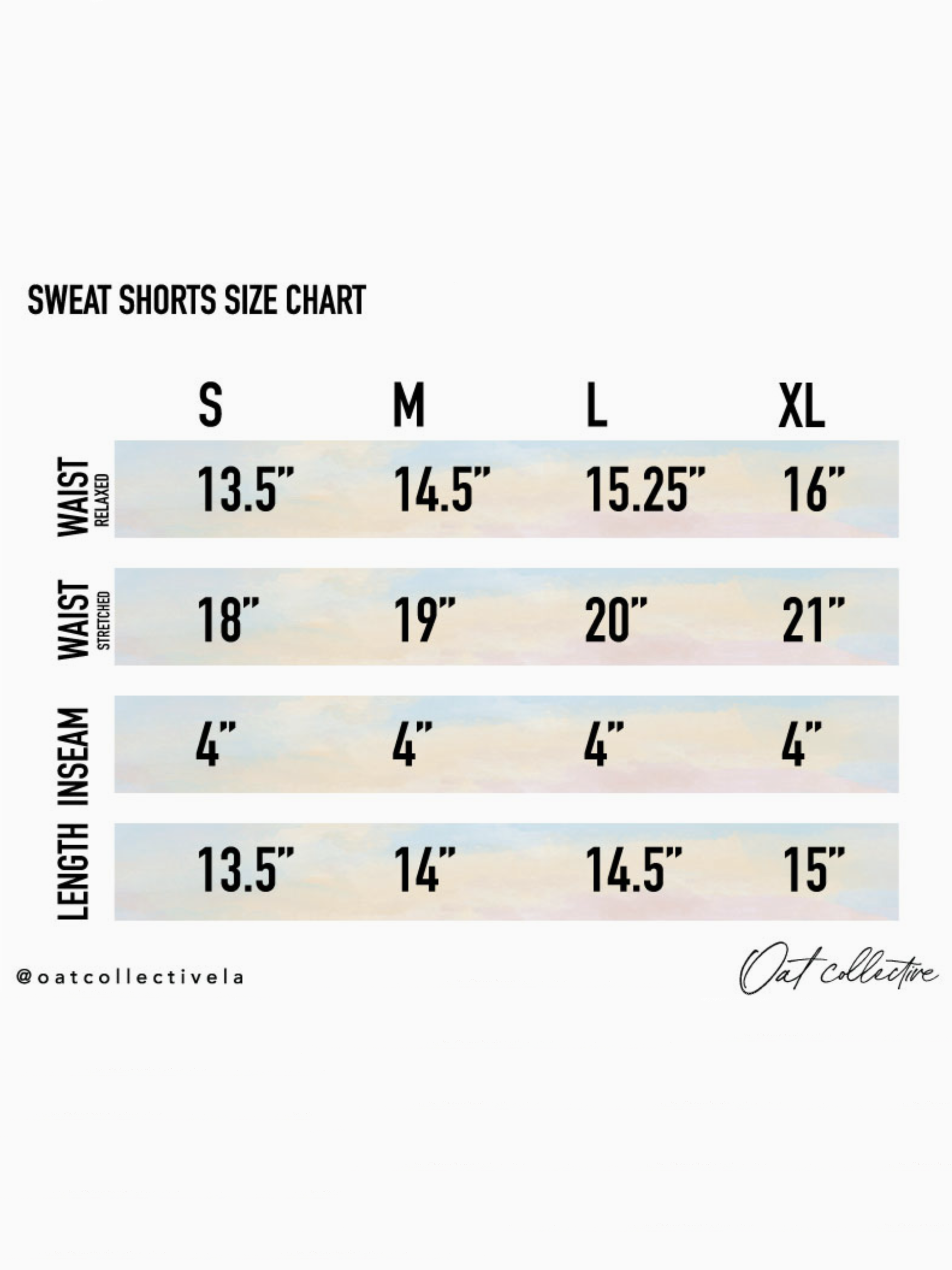 Sweat shorts size chart with waist and inseam measurements on a white background