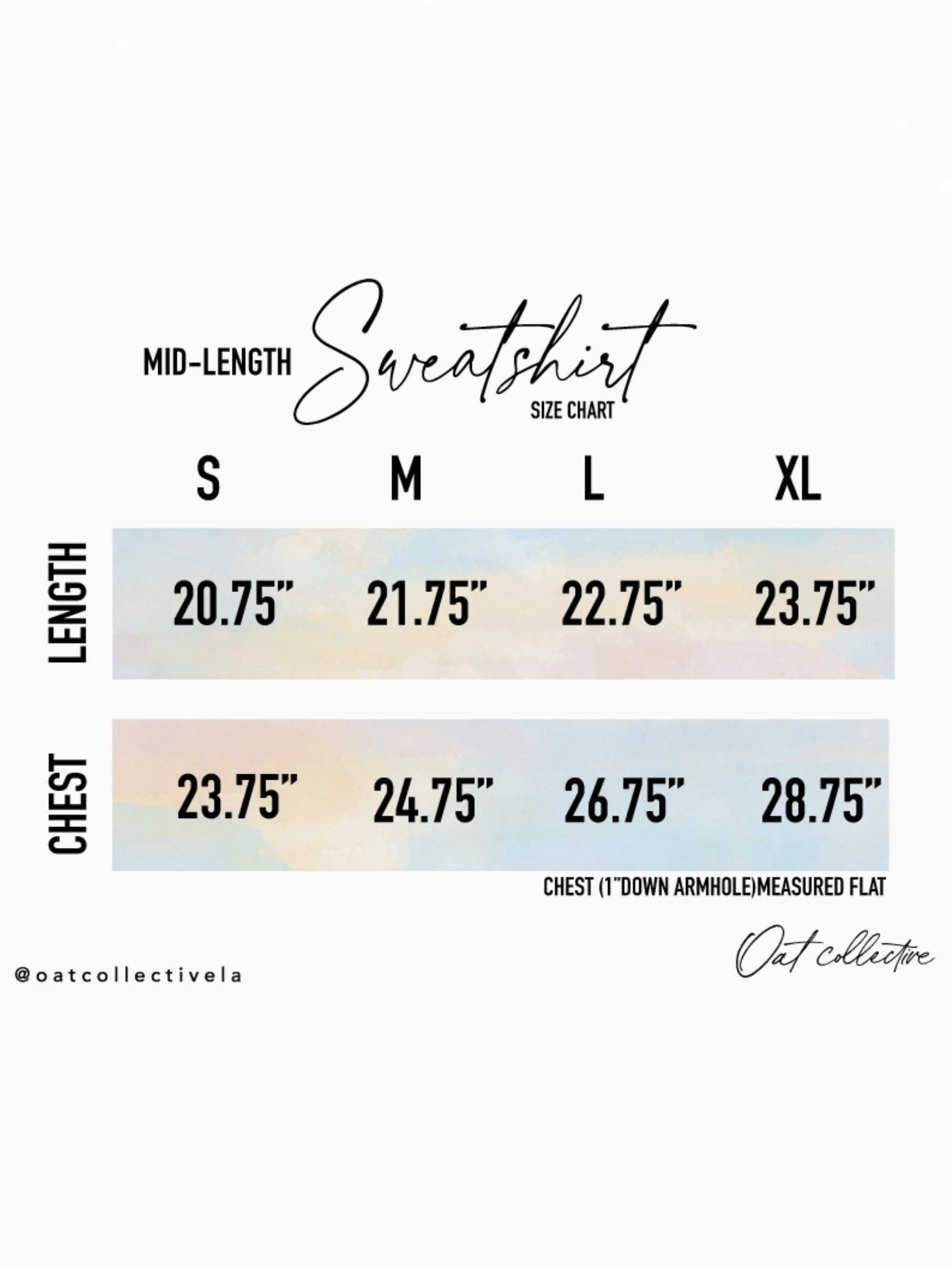 Size chart for mid-length sweatshirt with measurements in inches.