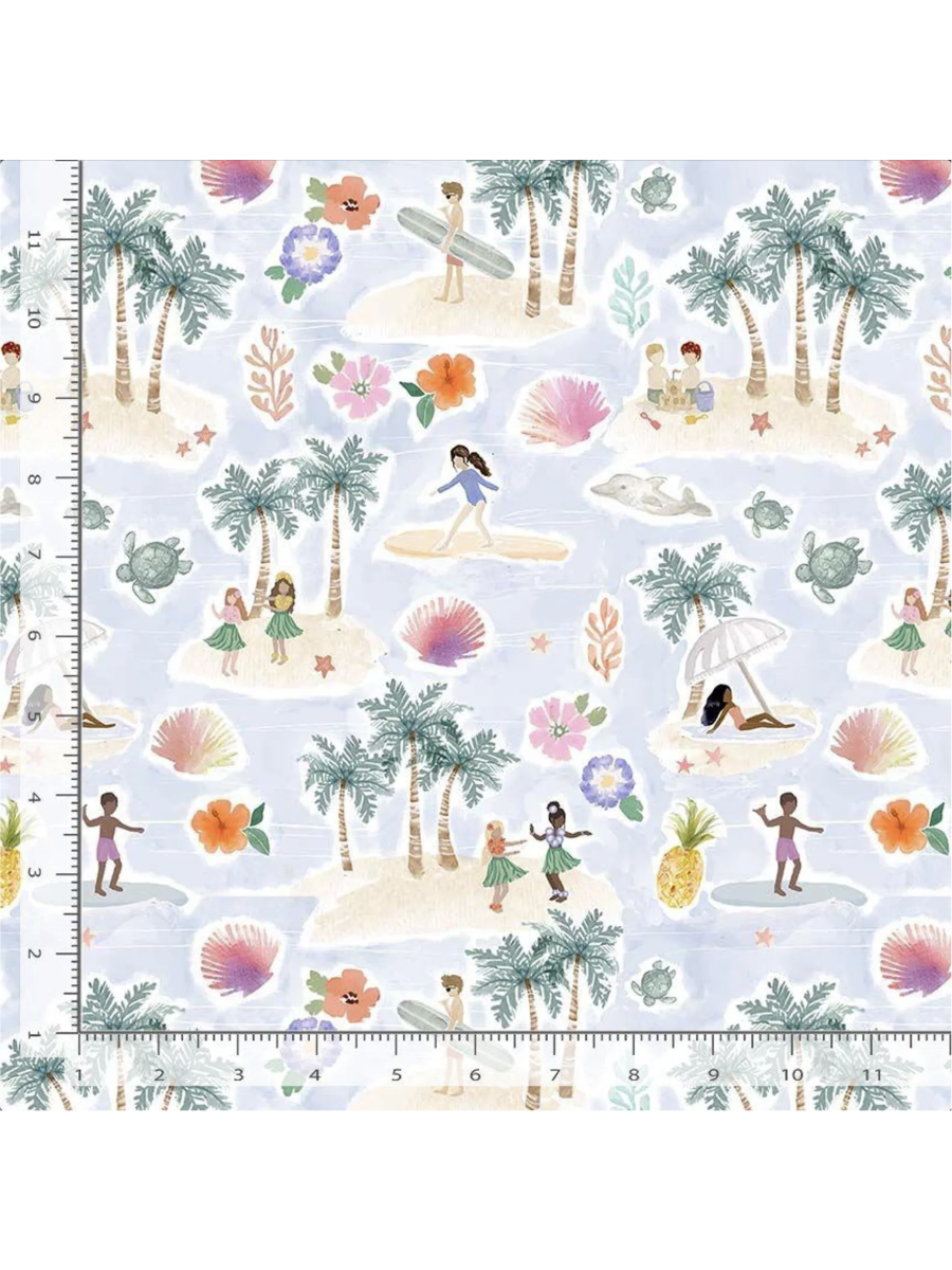 Watercolor fabric pattern of a tropical beach with surfers, hula dancers, palm trees, turtles, and flowers on a light blue background, rulers added for reference.