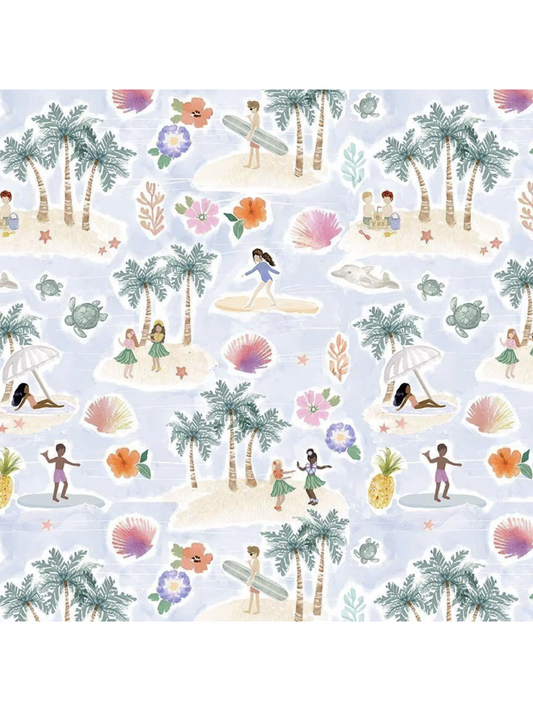 Watercolor fabric pattern of a tropical beach with surfers, hula dancers, palm trees, turtles, and flowers on a light blue background.